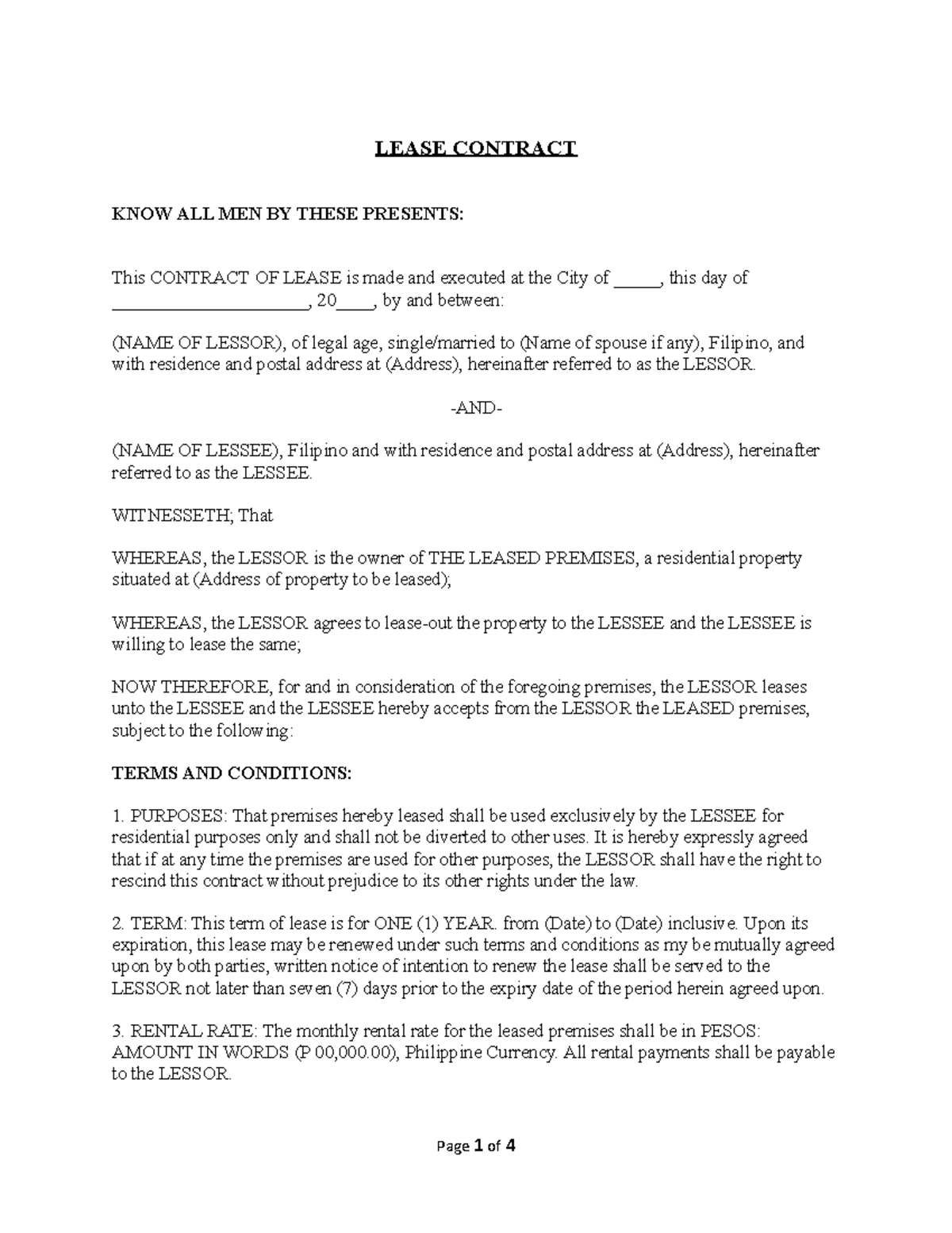 Lease Contract NONE LEASE CONTRACT KNOW ALL MEN BY THESE PRESENTS