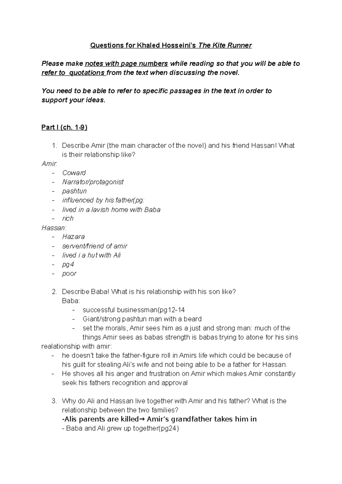 Questions The Kite Runner SCCA Questions for Khaled Hosseini’s The