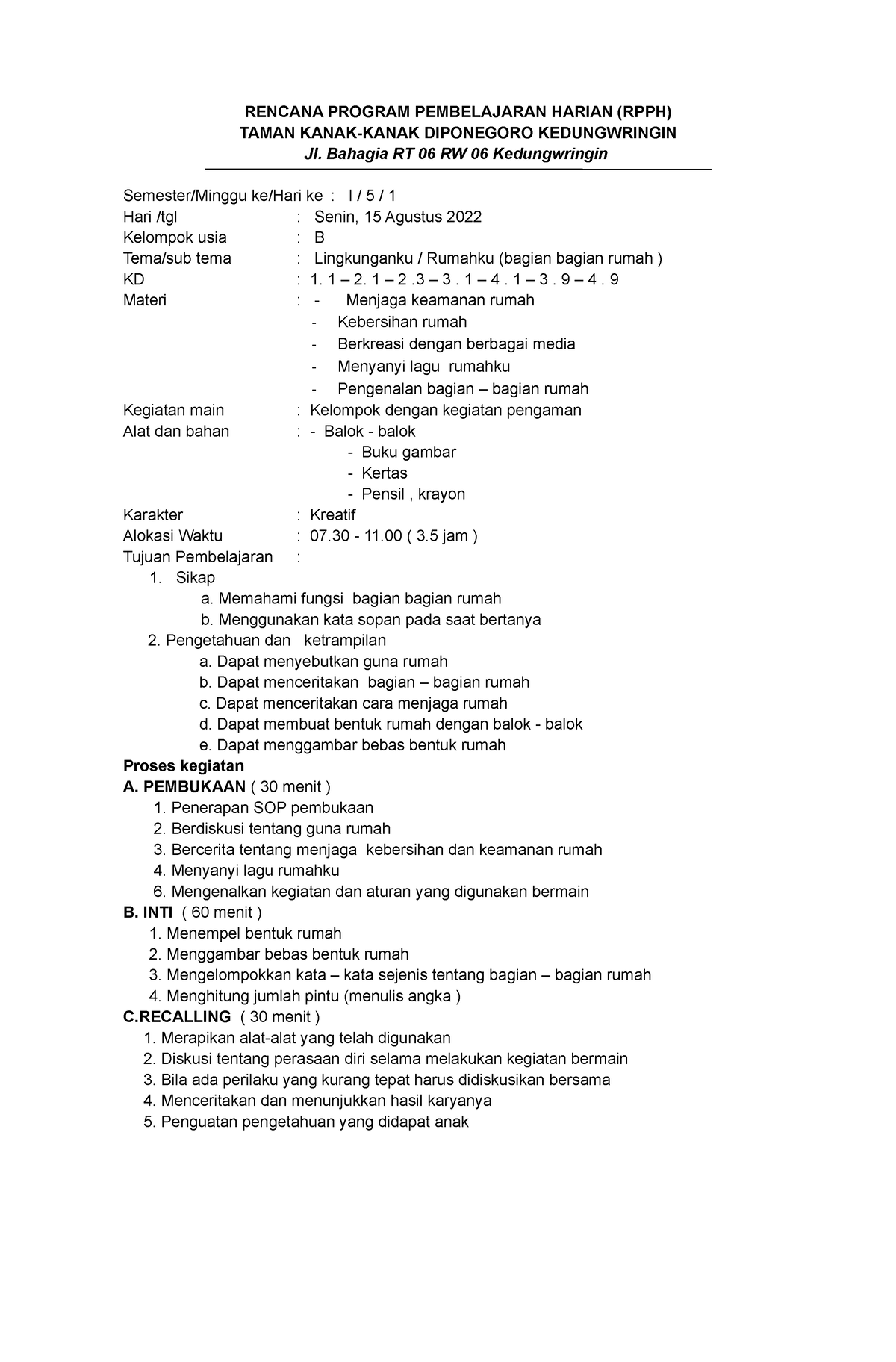 5. Lingkunganku - Rumahku - RENCANA PROGRAM PEMBELAJARAN HARIAN (RPPH ...