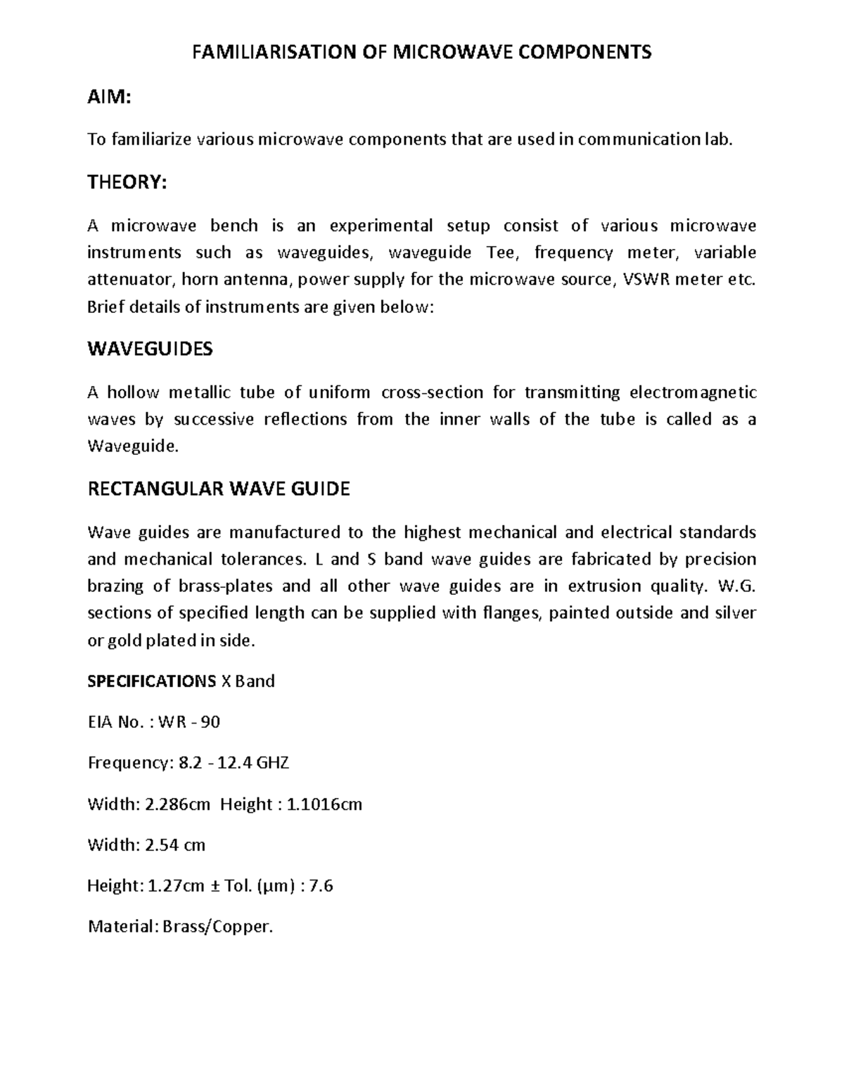 Lab manual113 FAMILIARISATION OF MICROWAVE COMPONENTS TUNABLE