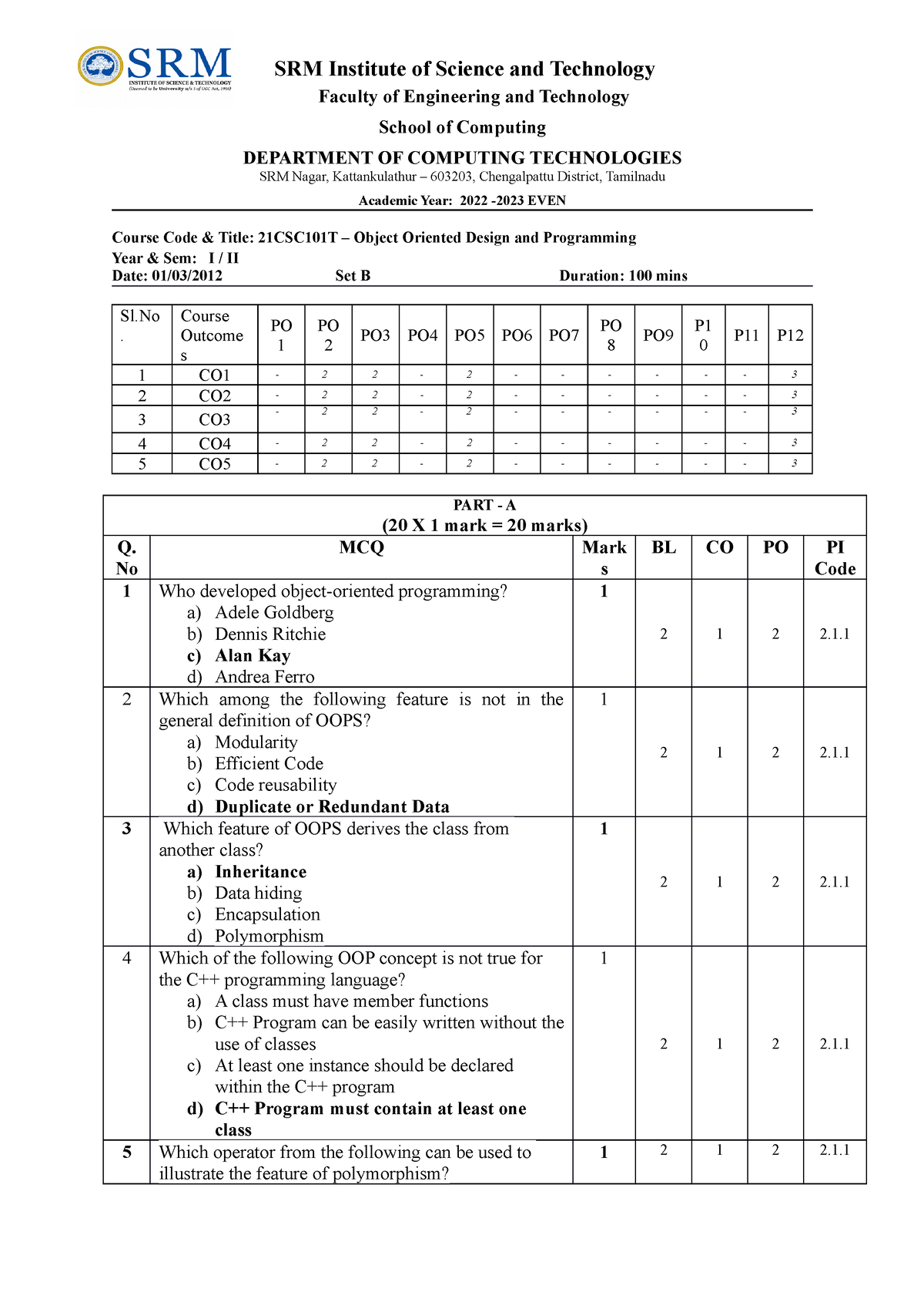 CT-1 QP - Set B key - Answer of all the questions of cycle test 1 - SRM ...