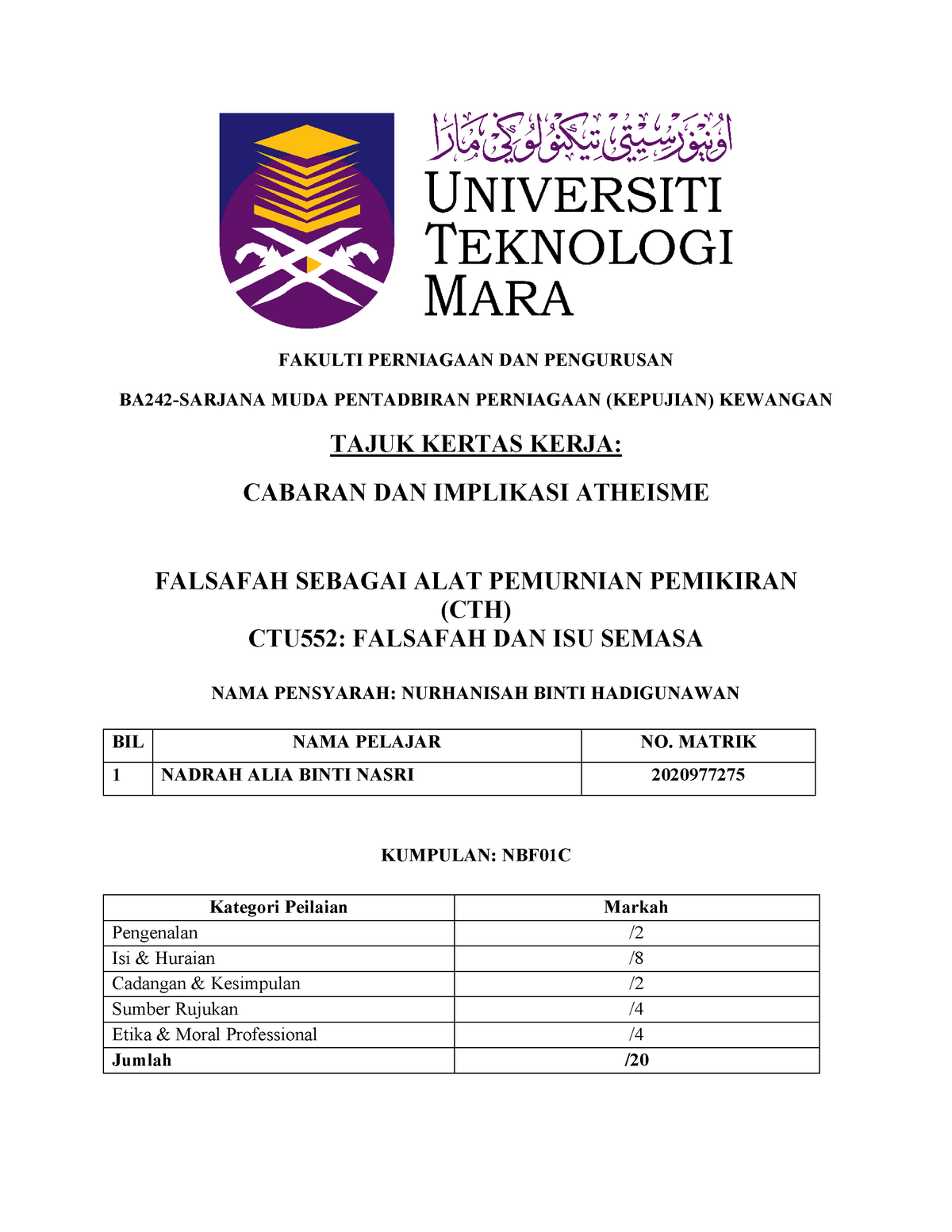 Ctu552 Falsafah Dan Isu Semasa Kertas Kerja Atheisme Studocu