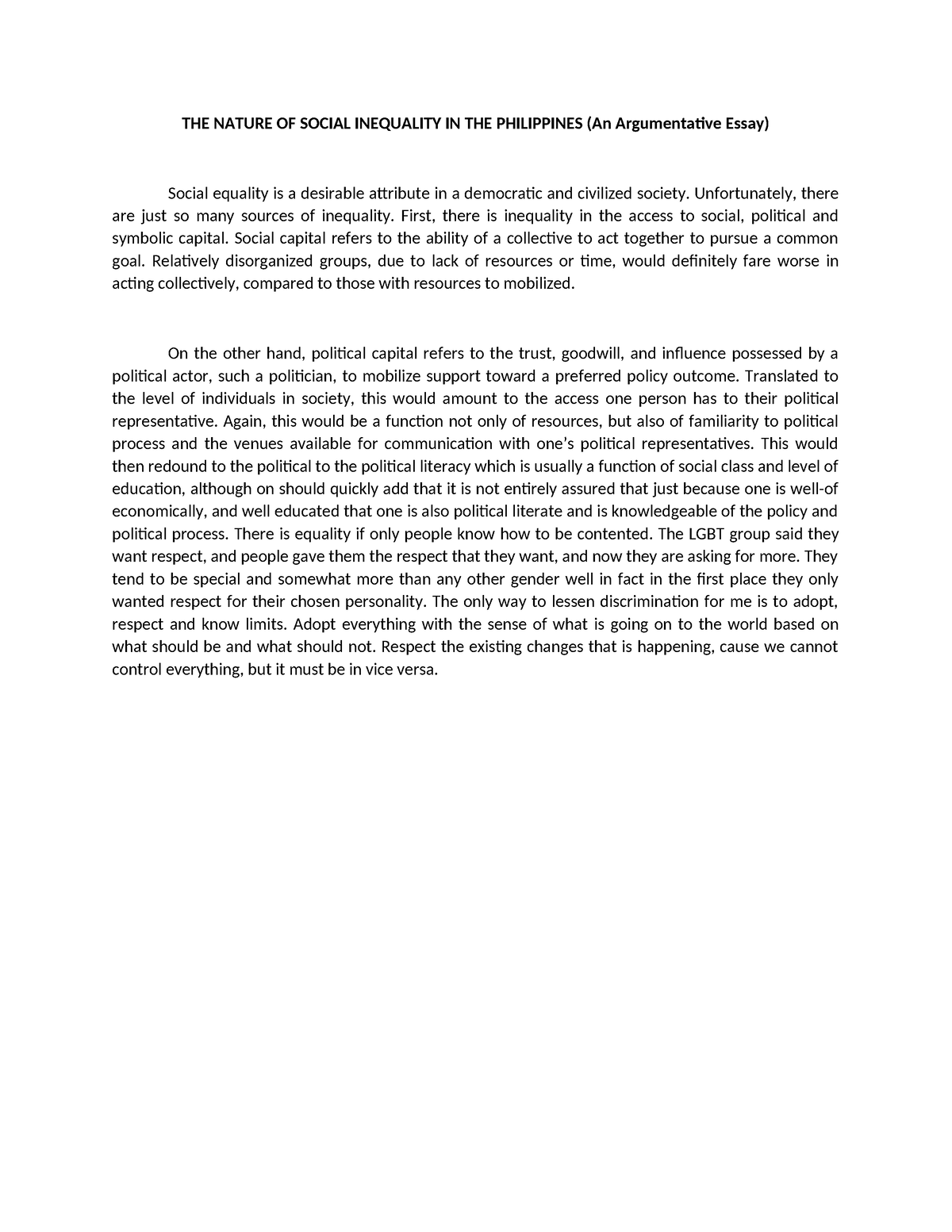 write an argumentative essay that explains the nature of social inequality in the philippines