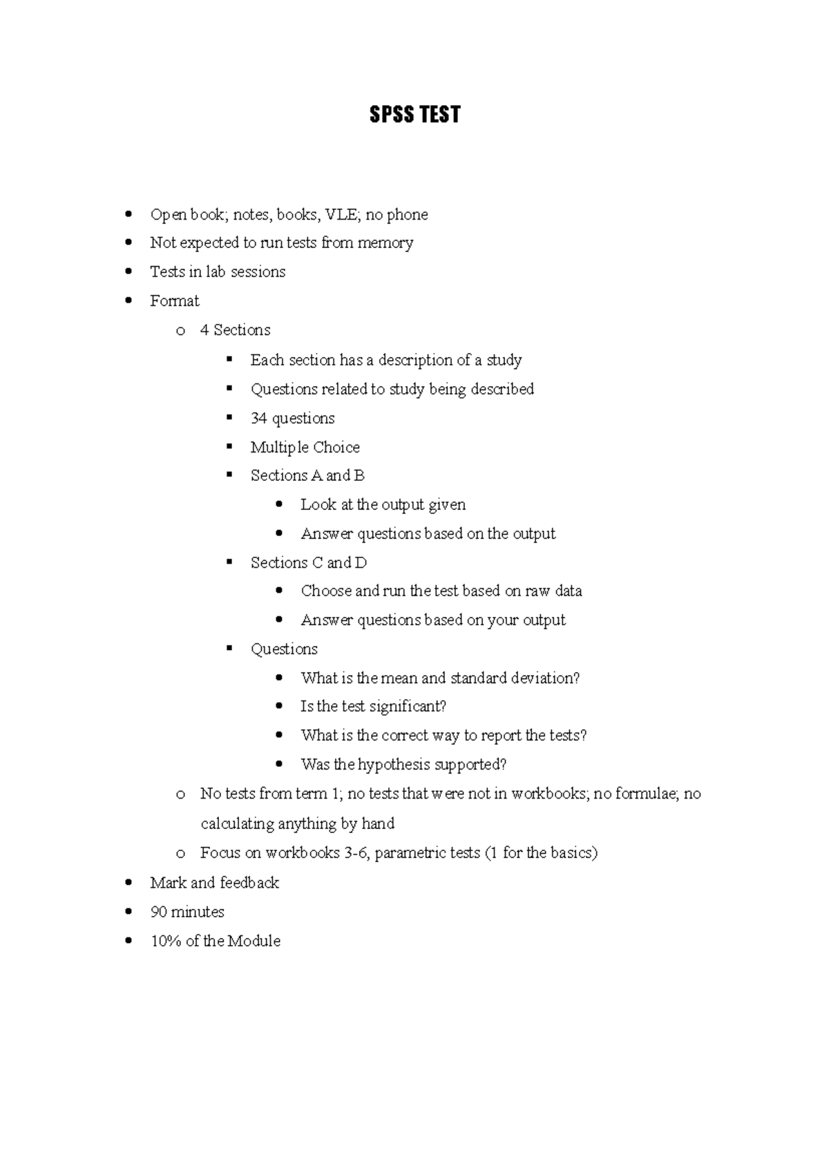 SPSS TEST - Description of SPSS test. - SPSS TEST Open book; notes ...