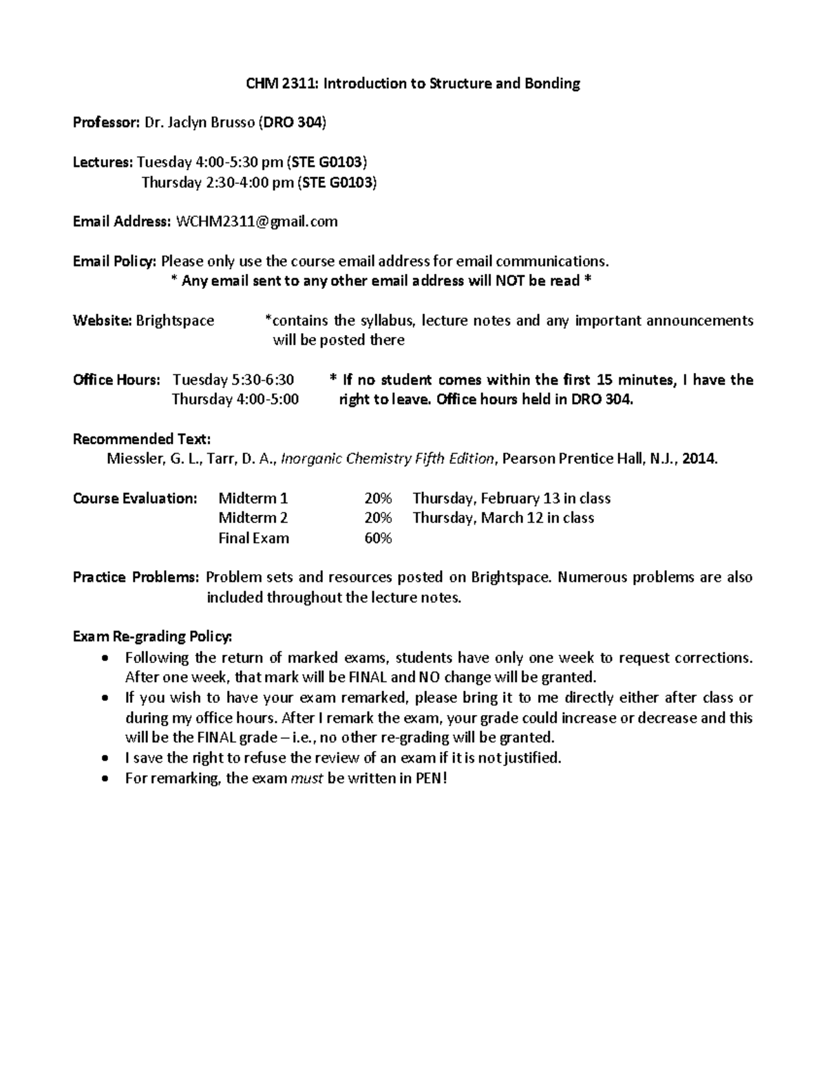 Syllabus - CHM 2 311 : Introduction To Structure And Bonding Professor ...