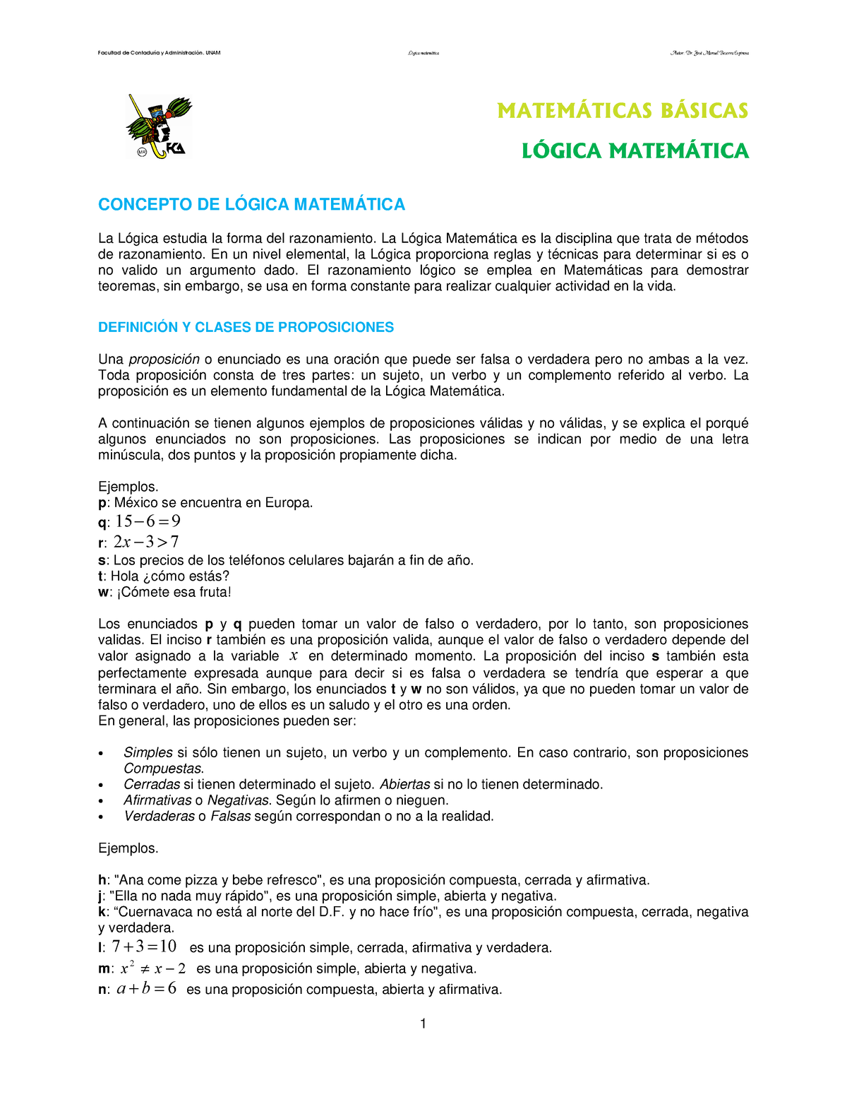 36. Logica Matematica - 1 MATEMÁTICAS BÁSICAS LÓGICA MATEMÁTICA ...