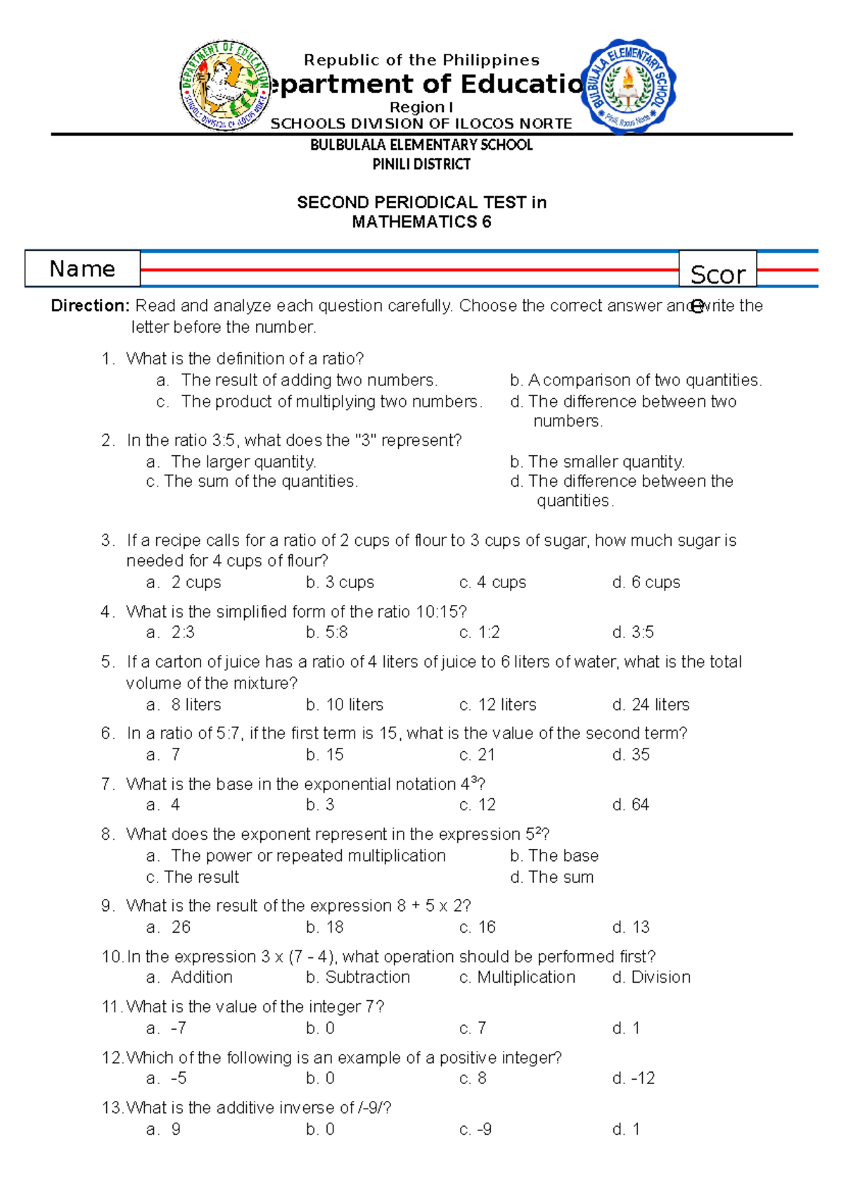 Q2 MATH6 - quarterly exam - Republic of the Philippines Department of ...