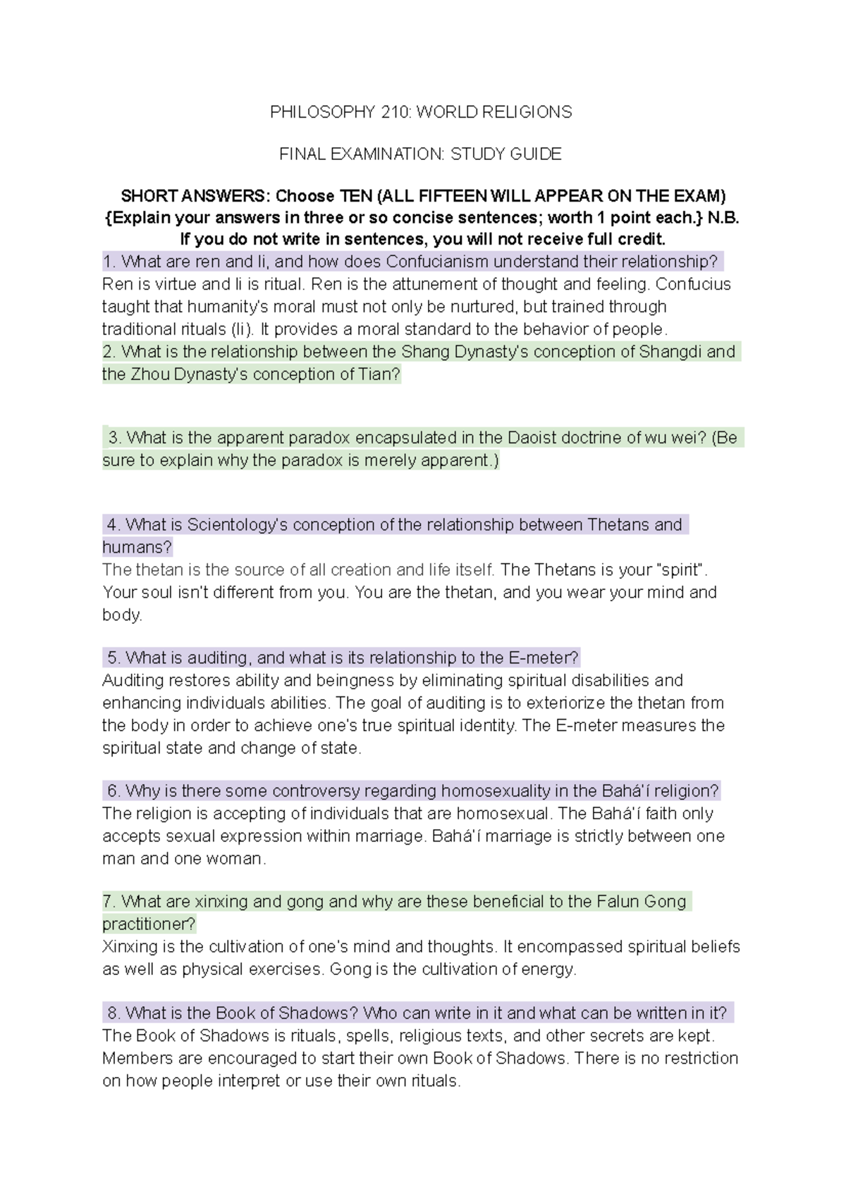 Philfinal - Study Guide for the final exam. - PHILOSOPHY 210: WORLD ...