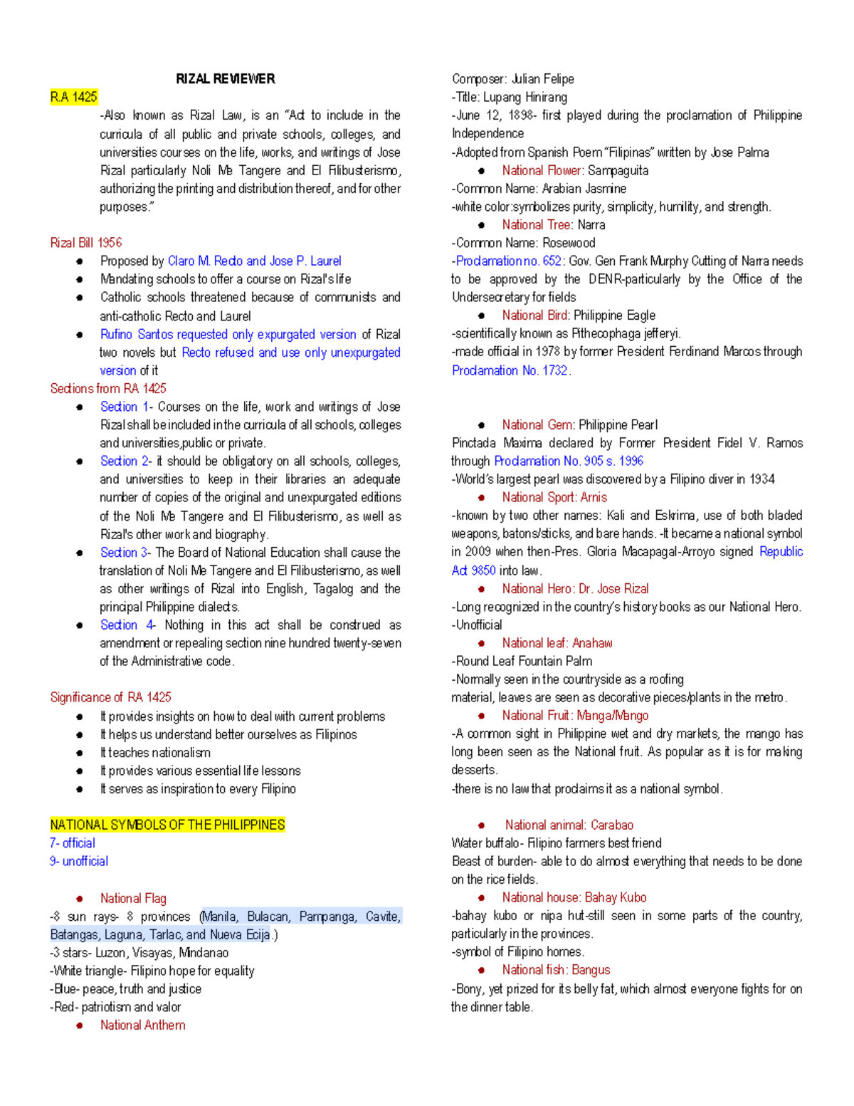 Rizal-reviewer - Life and Works of Rizal summary - RIZAL REVIEWER R ...