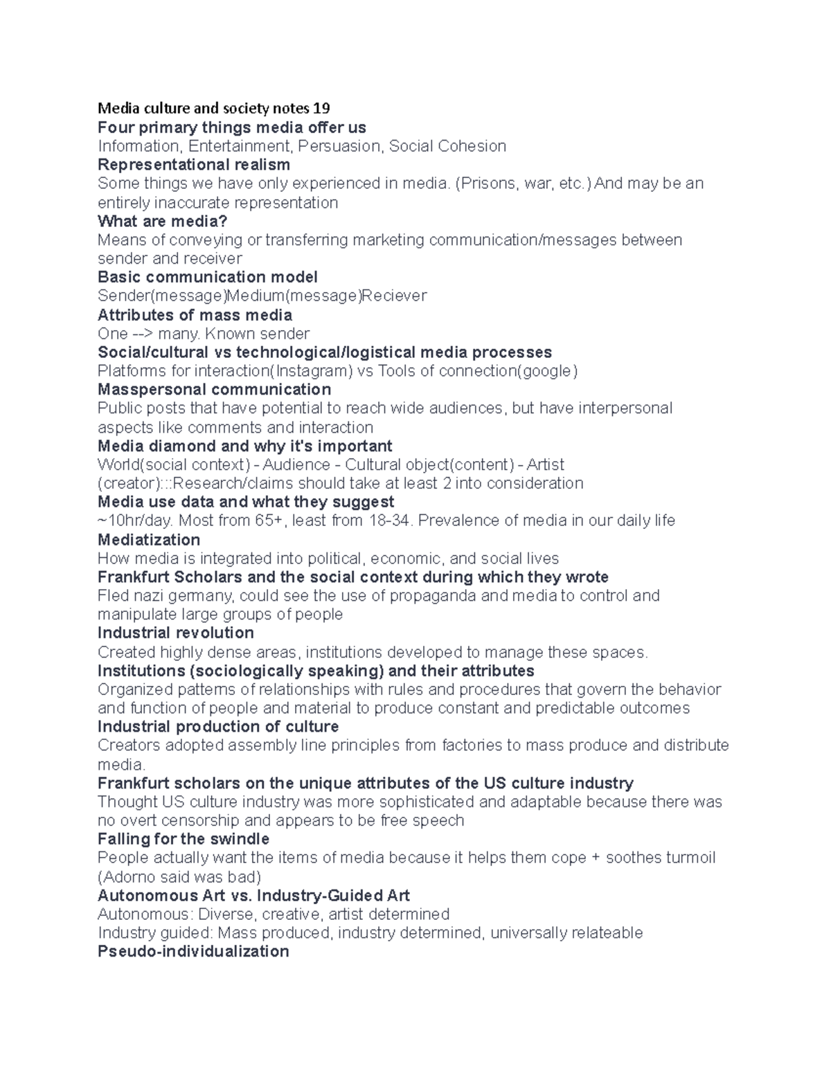 Media culture and society notes 20 - (Prisons, war, etc.) And may be an ...