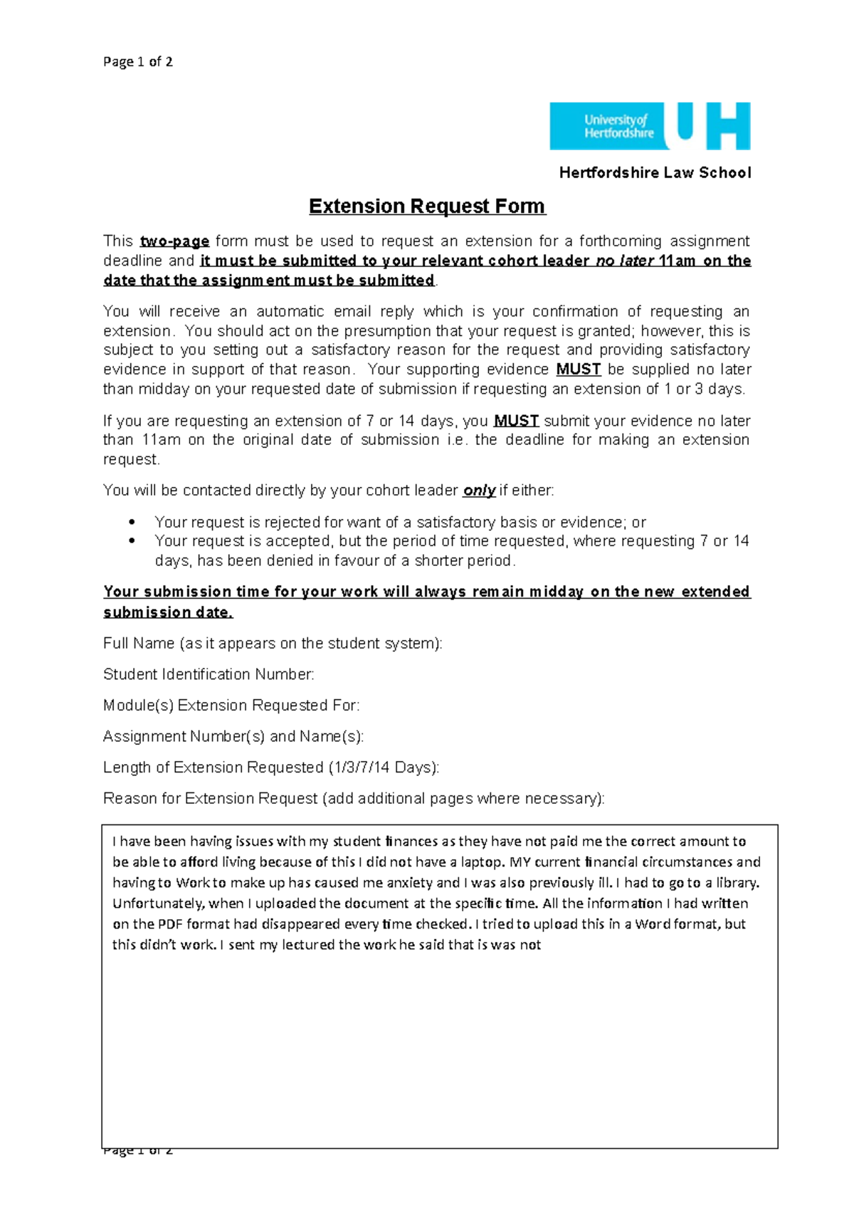 Undergraduate Extension Request Form Page 1 of 2 Hertfordshire Law