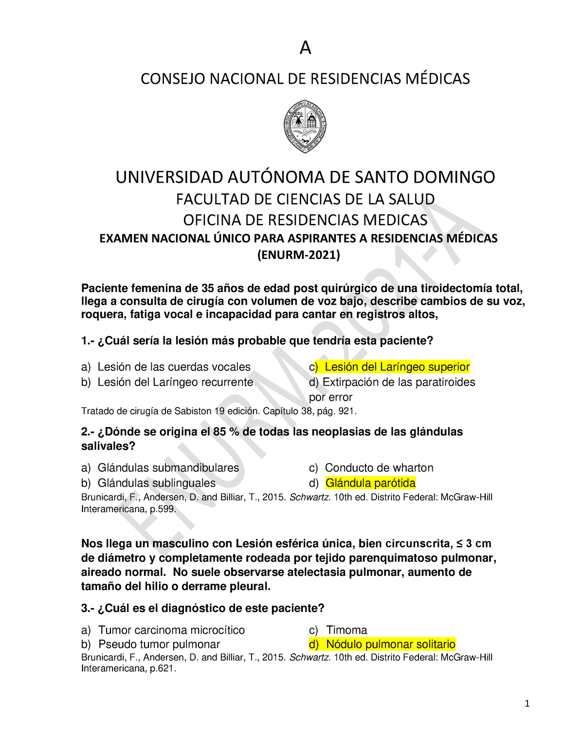 Enurm. A resp.y biblio Examen unico de residencia medica CONSEJO