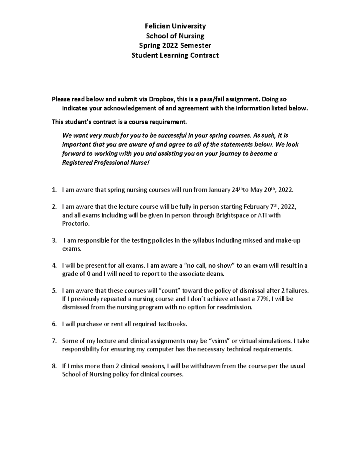 Felician University School of Nursing Spring 2022 Semester Student ...