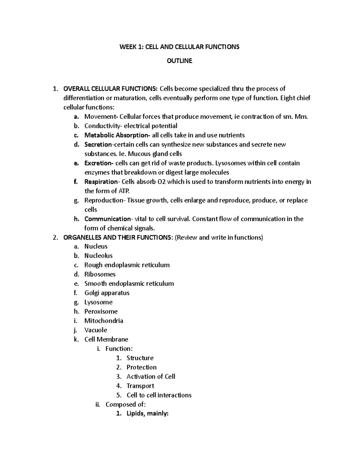 Week 1- The Cell - Lecture Outline - WEEK 1: CELL AND CELLULAR ...