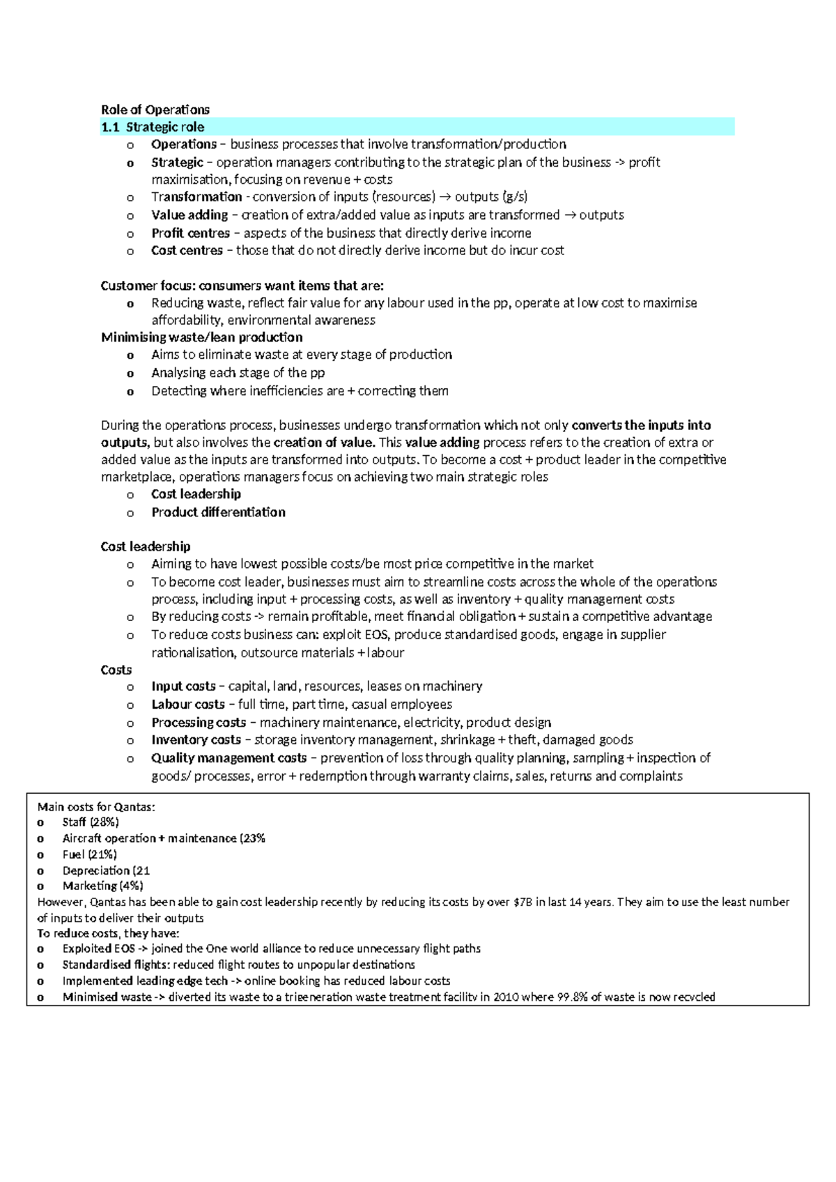 Operations summarised - Role of Operations 1 Strategic role o ...