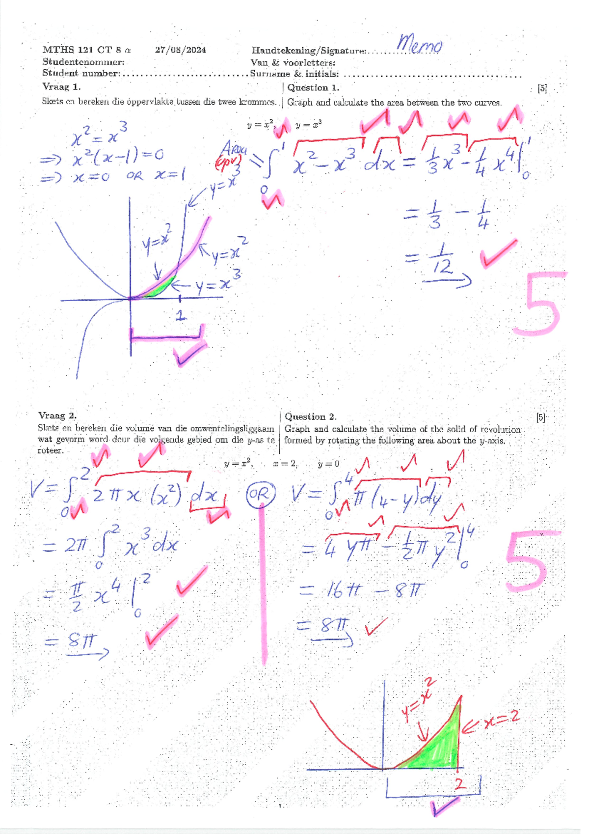 Memo tutorial 8 - MTHS 121 CT 8 a 27/08/2024 Handtekening/Signature ...