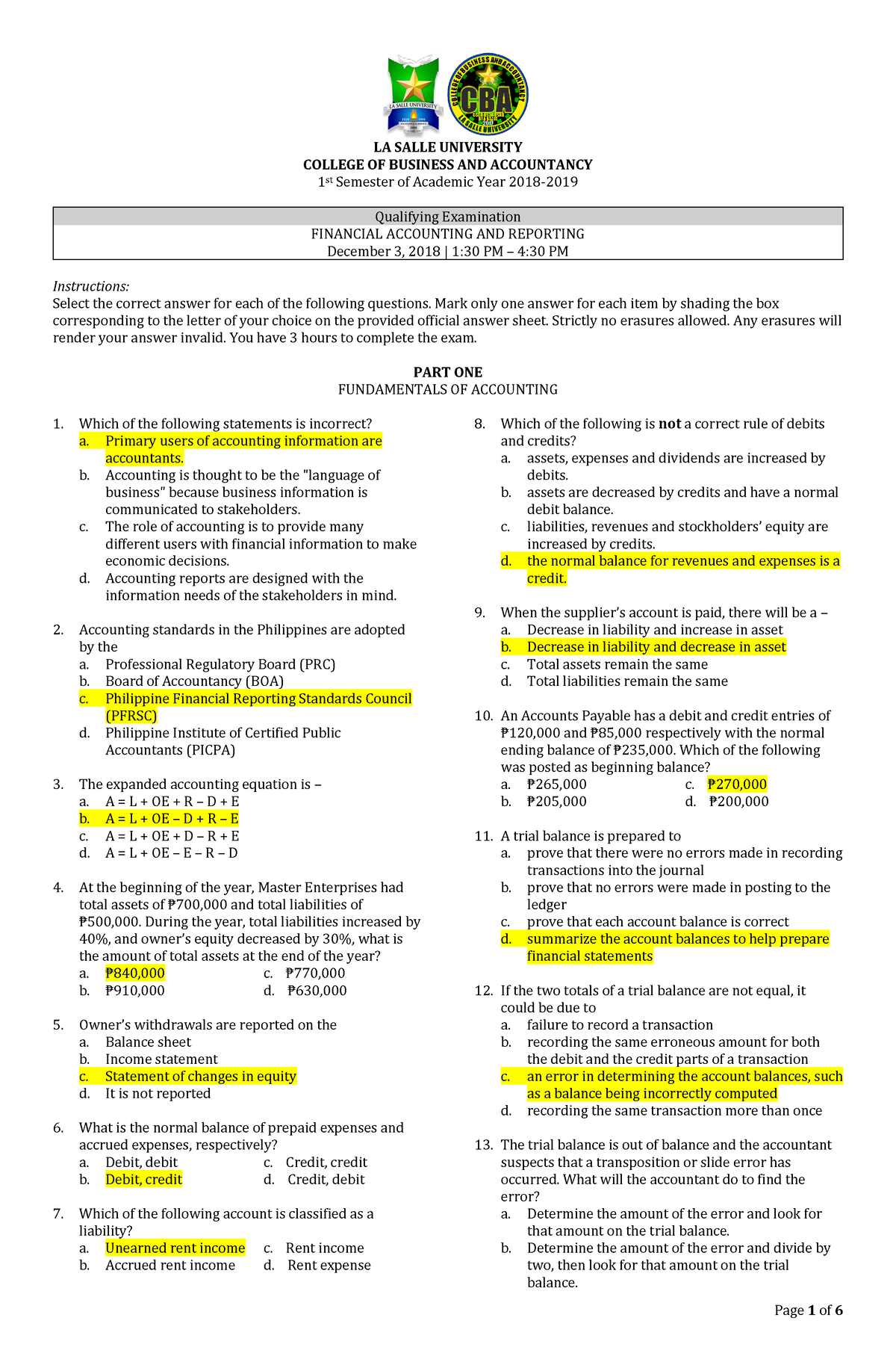 My File Sample Exam LA SALLE UNIVERSITY COLLEGE OF BUSINESS AND