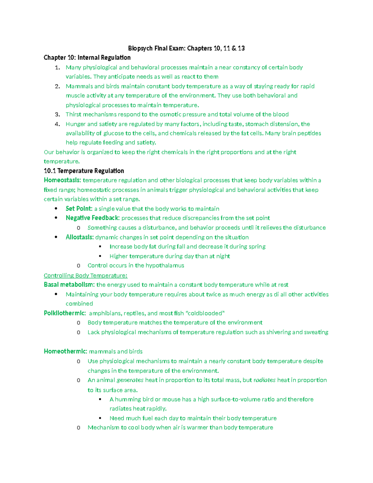 Biopsych Final Exam - Biopsych Final Exam: Chapters 10, 11 & 13 Chapter ...