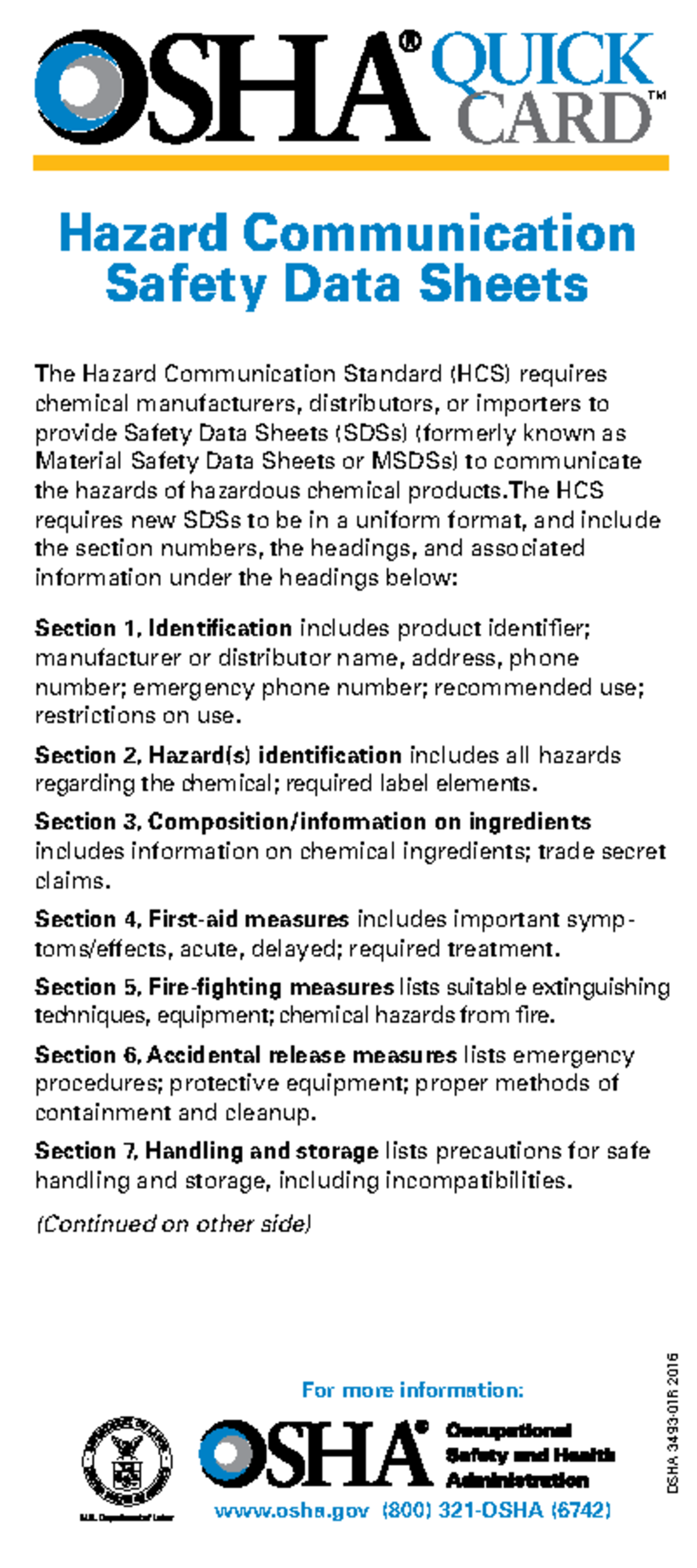 OSHA3493Quick Card Safety Data Sheet QUICK CARD TM Hazard