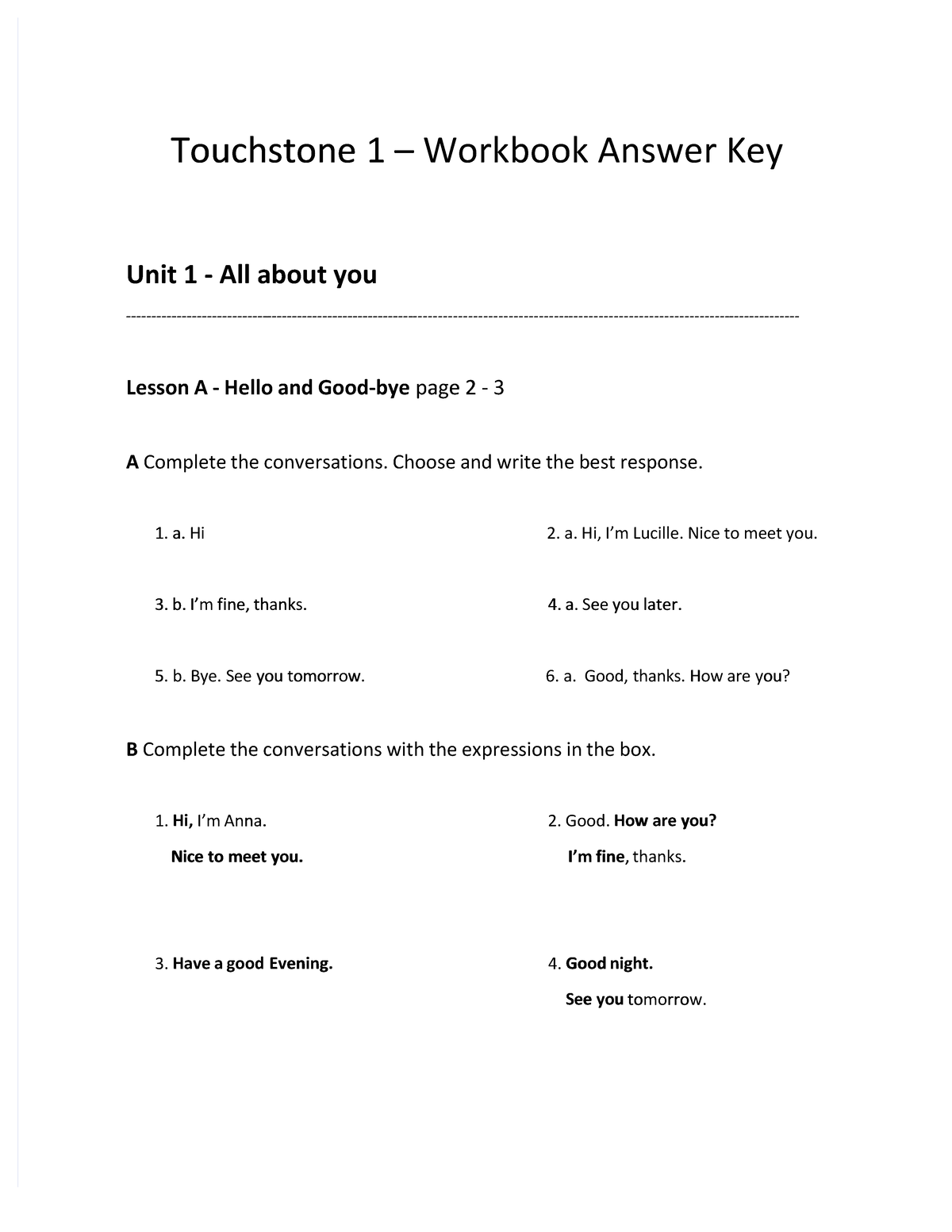 Pdf-touchstone-1-wb-answer-key compress - Touchstone Touchstone 11 3 3  Workbook Answer Key Workbook - Studocu