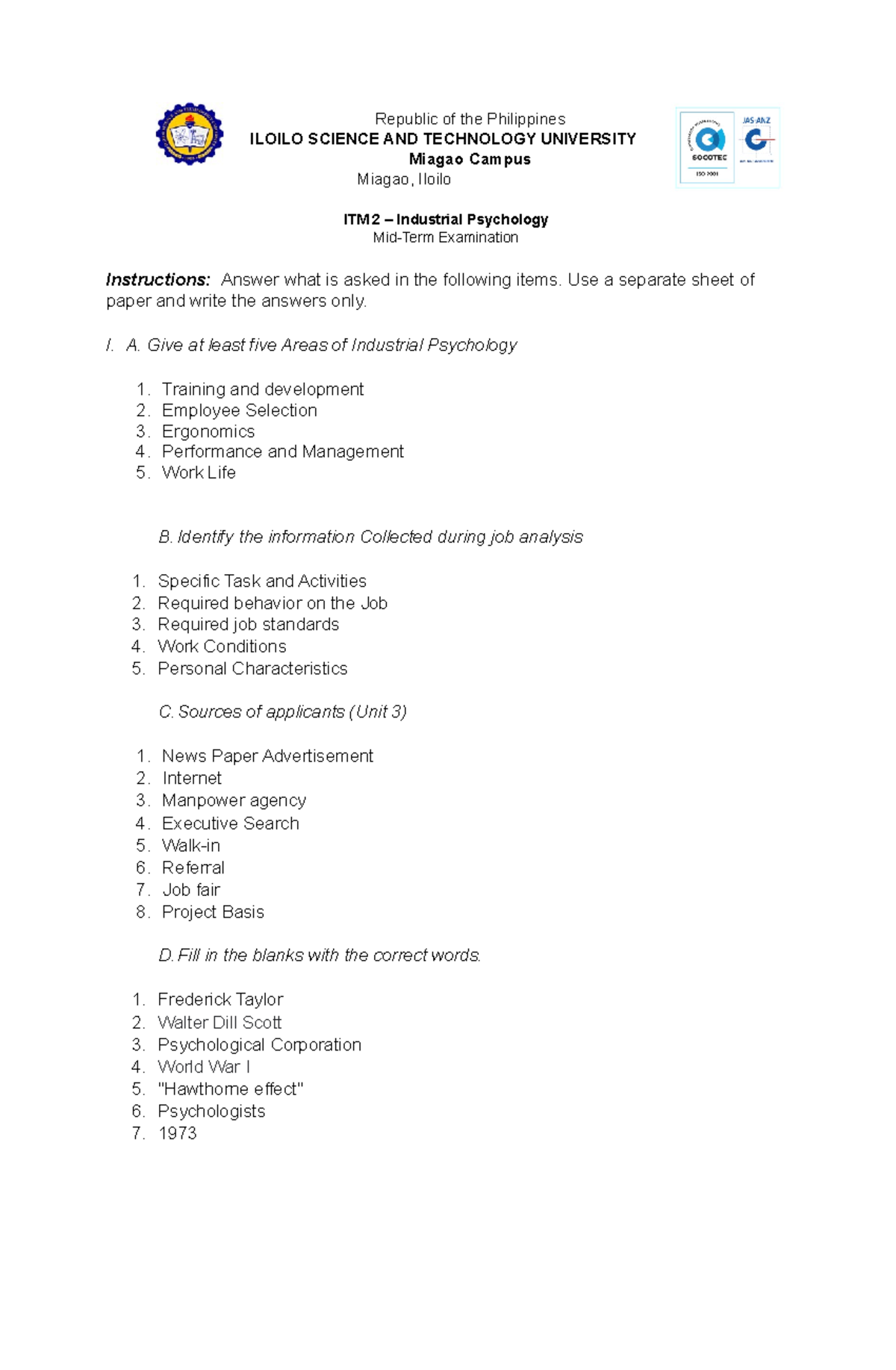 Midterm Exam ITM 2 Baldevieso Industrial Psychology Republic of the