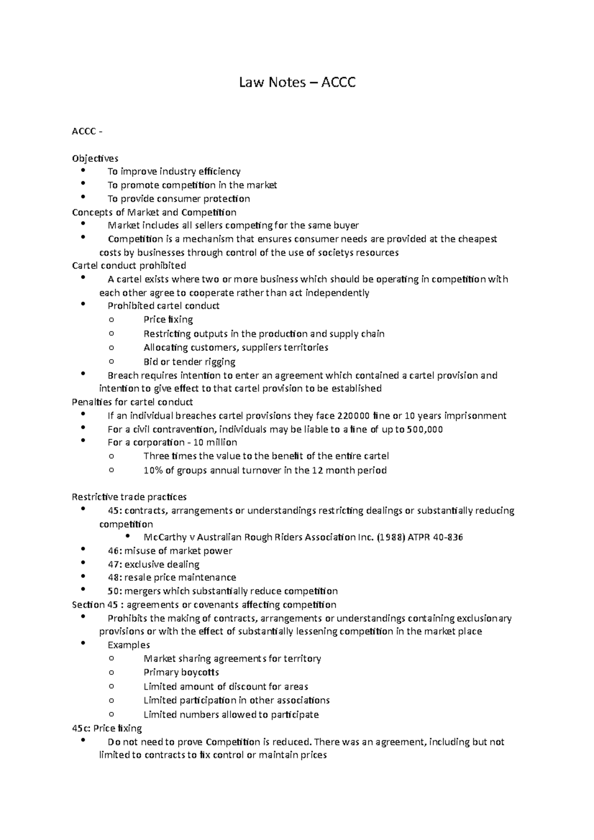 Law Notes – ACCC - Summary Law for Business - Law Notes – ACCC ACCC ...