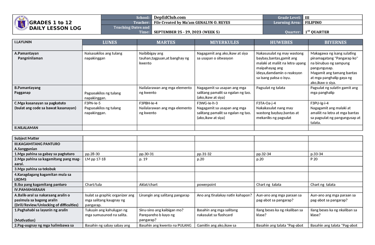 DLL Filipino 3 Q1 W5 - N/a - GRADES 1 To 12 DAILY LESSON LOG School ...