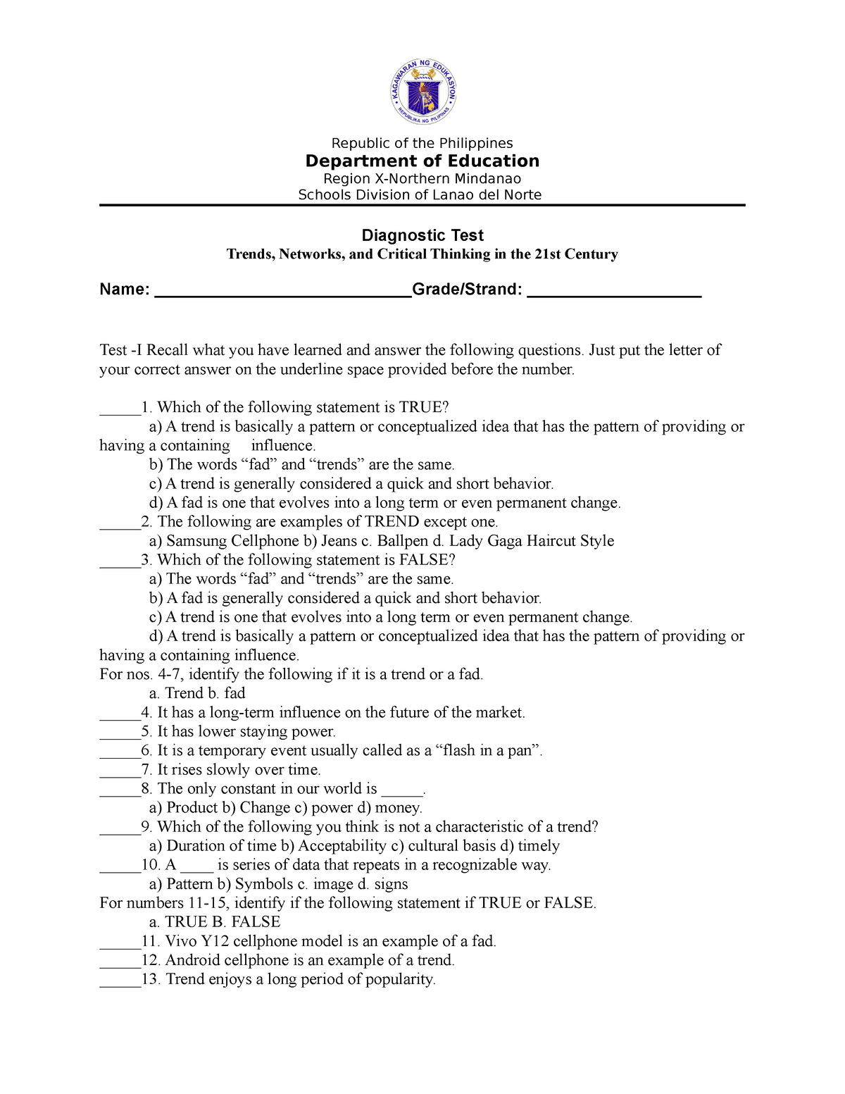 Diagnostic TEST - REQUIREMENTS - Republic Of The Philippines Department ...