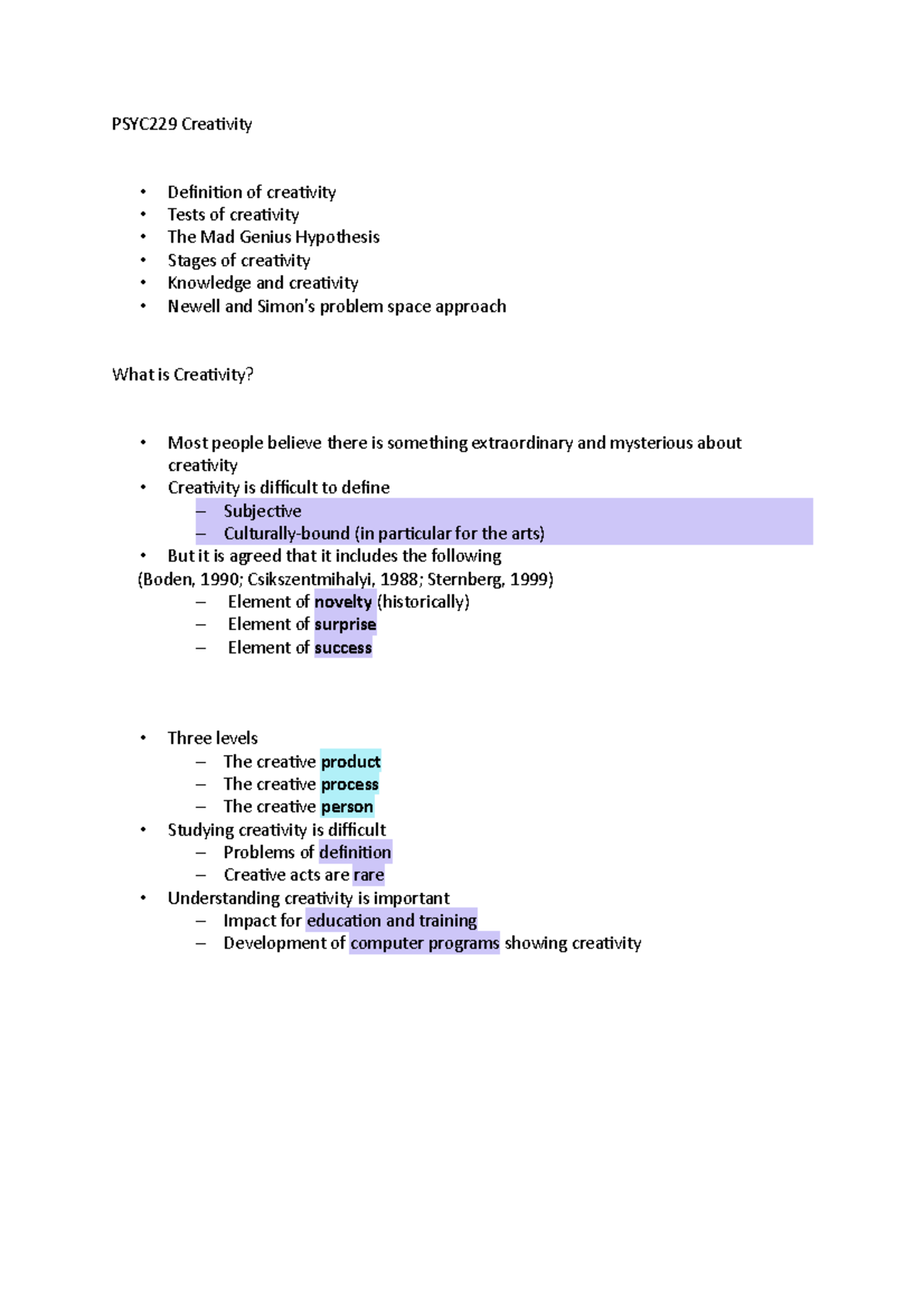 10. Creativity - Lecture notes 10 - PSYC229 Creativity Definition of ...