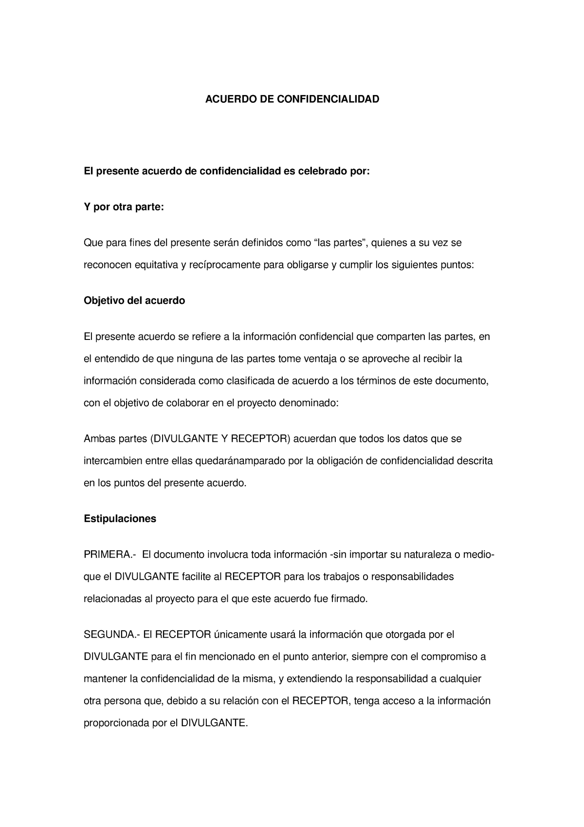 Acuerdo De Confidencialidad Acuerdo De Confidencialidad El Presente Acuerdo De 2525