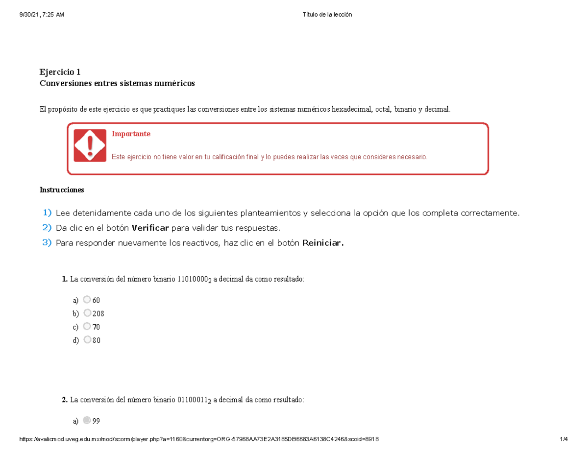 Conversiones entre sistemas numericos - Ej1 - Ejercicio 1 Conversiones