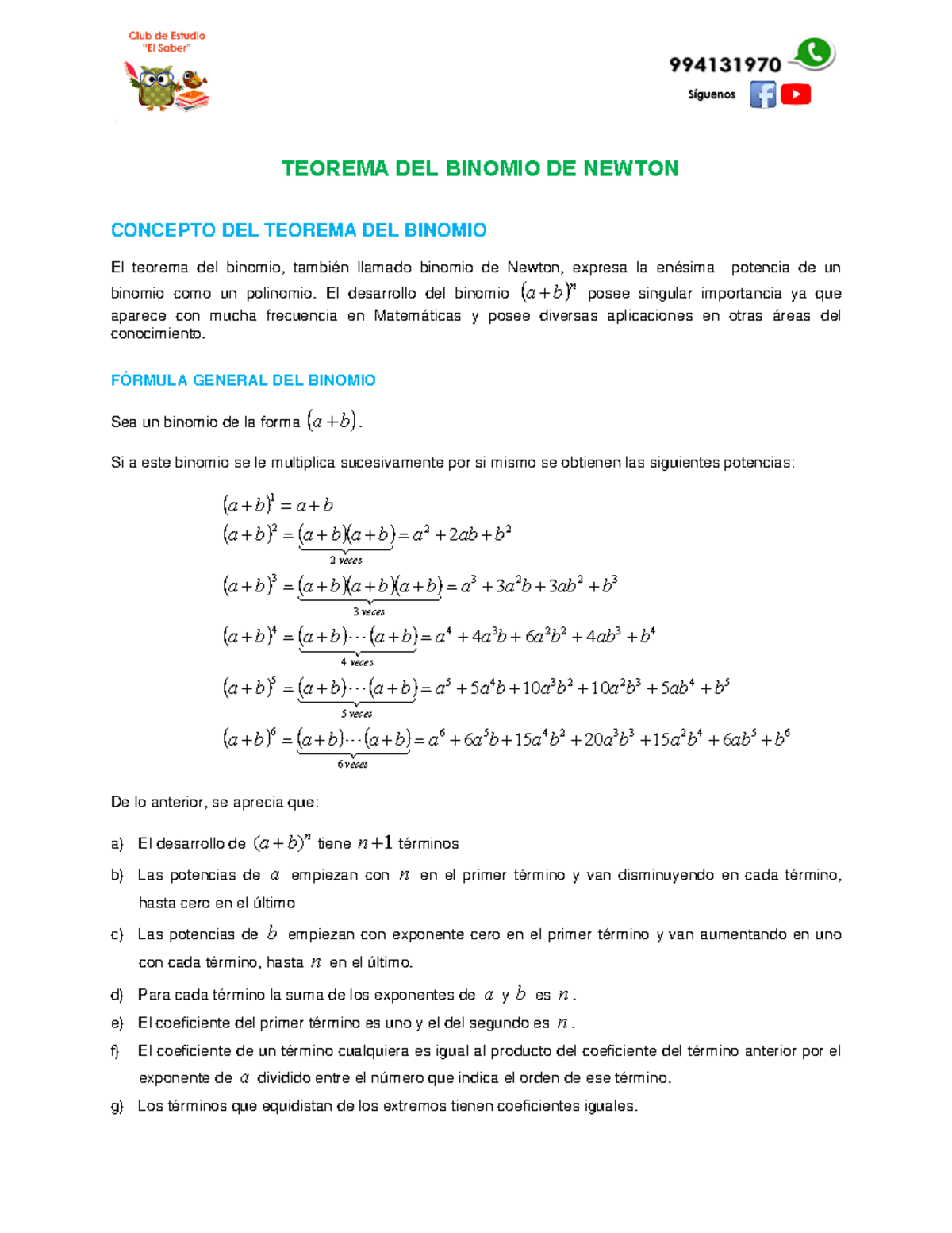 38. Teorema Del Binomio De Newton - CONCEPTO DEL TEOREMA DEL BINOMIO El ...