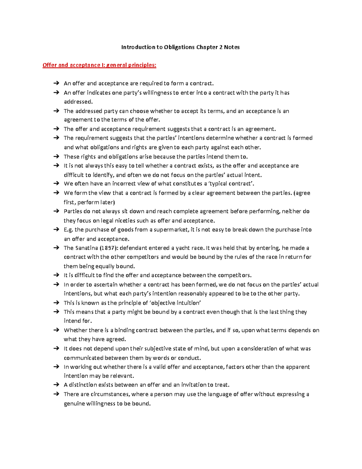 Obligation chapter 2 notes - Introduction to Obligations Chapter 2 Notes Offer  and acceptance I: - StuDocu