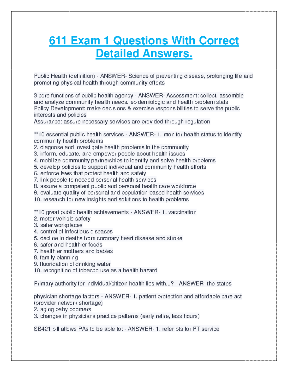611 Exam 1 Questions With Correct Detailed Answers. - Public Health ...