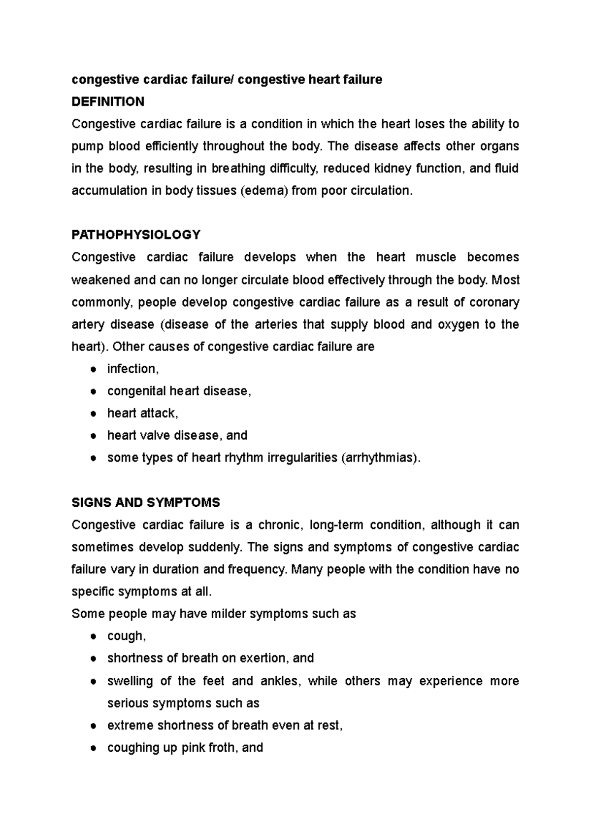 literature review of congestive cardiac failure