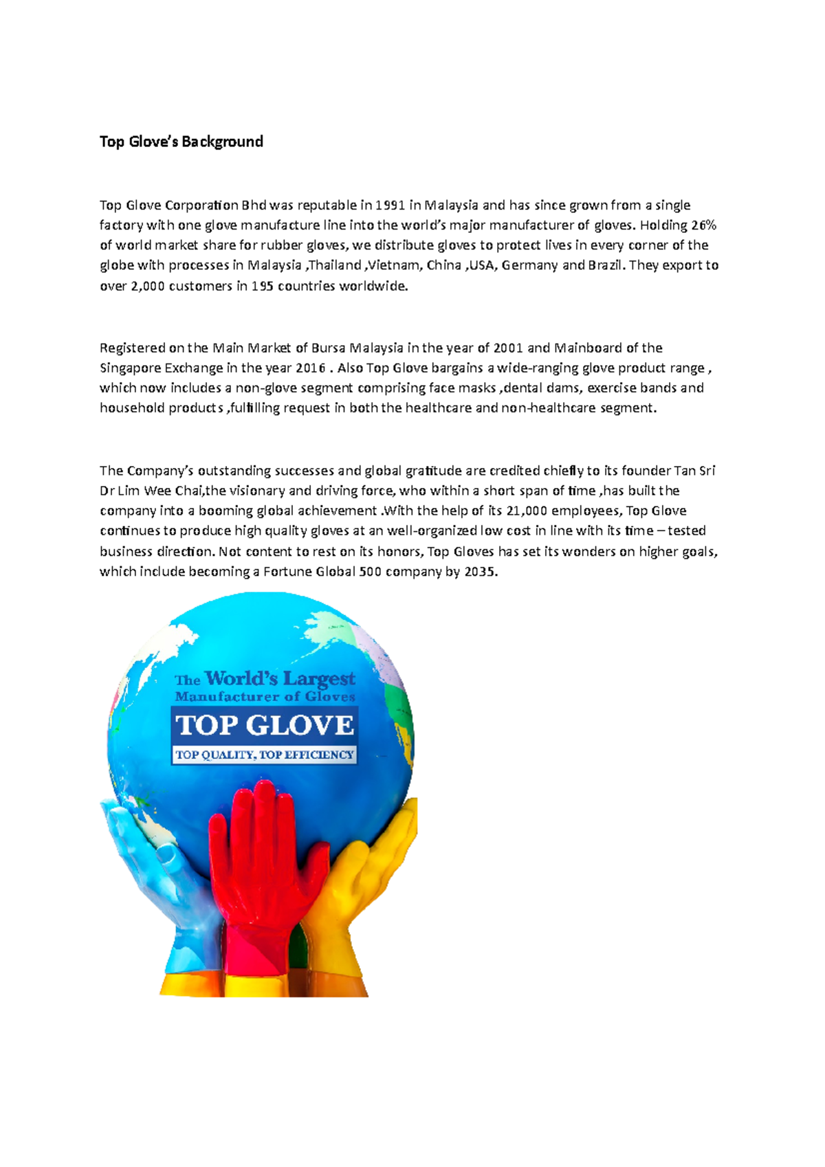 Top Glove background Top Glove’s Background Top Glove Corporation Bhd