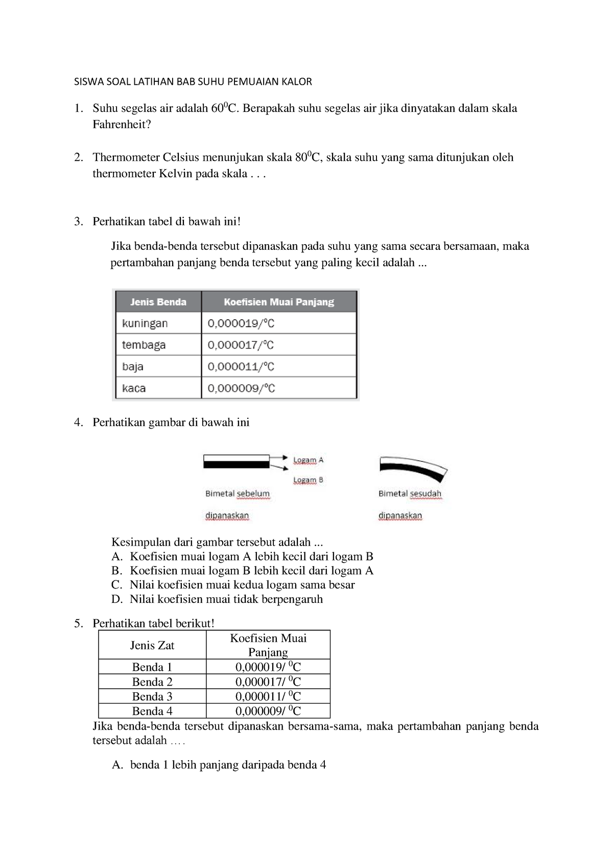 Siswa SOAL Latihan SUHU Pemuaian Kalor - SISWA SOAL LATIHAN BAB SUHU ...