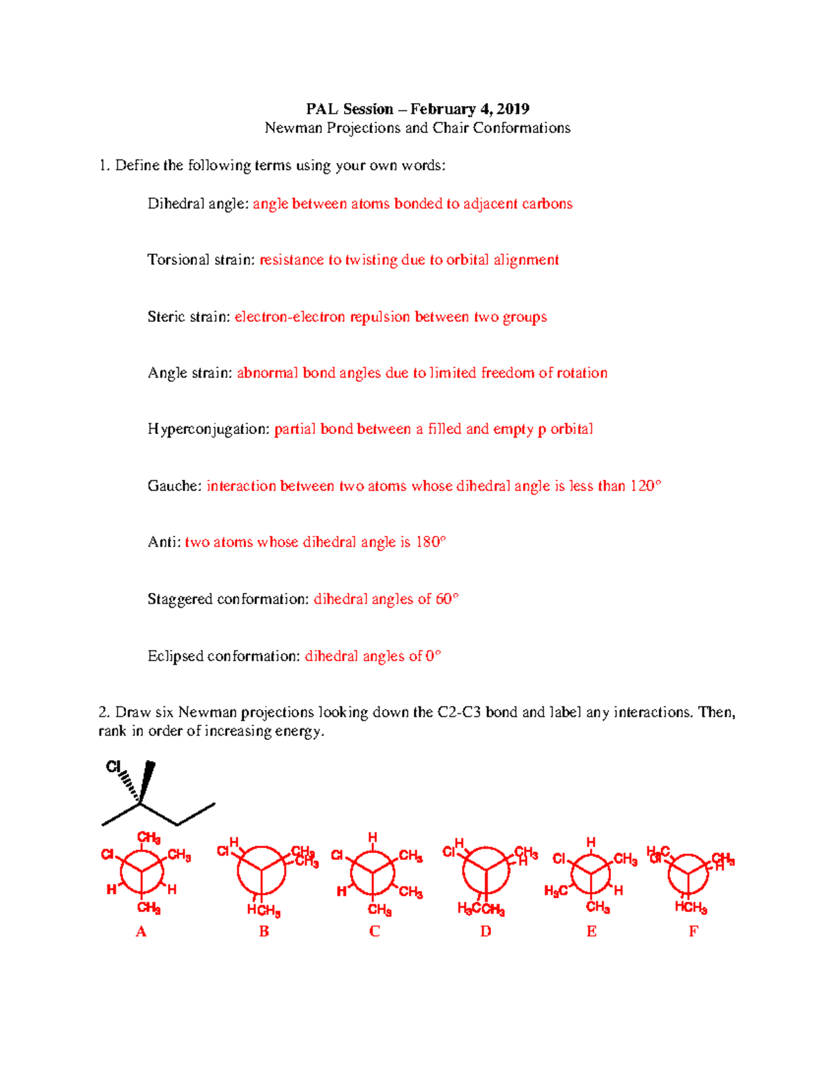 Newman Projections And Chair Conformations KEY-1 - PAL Session ...