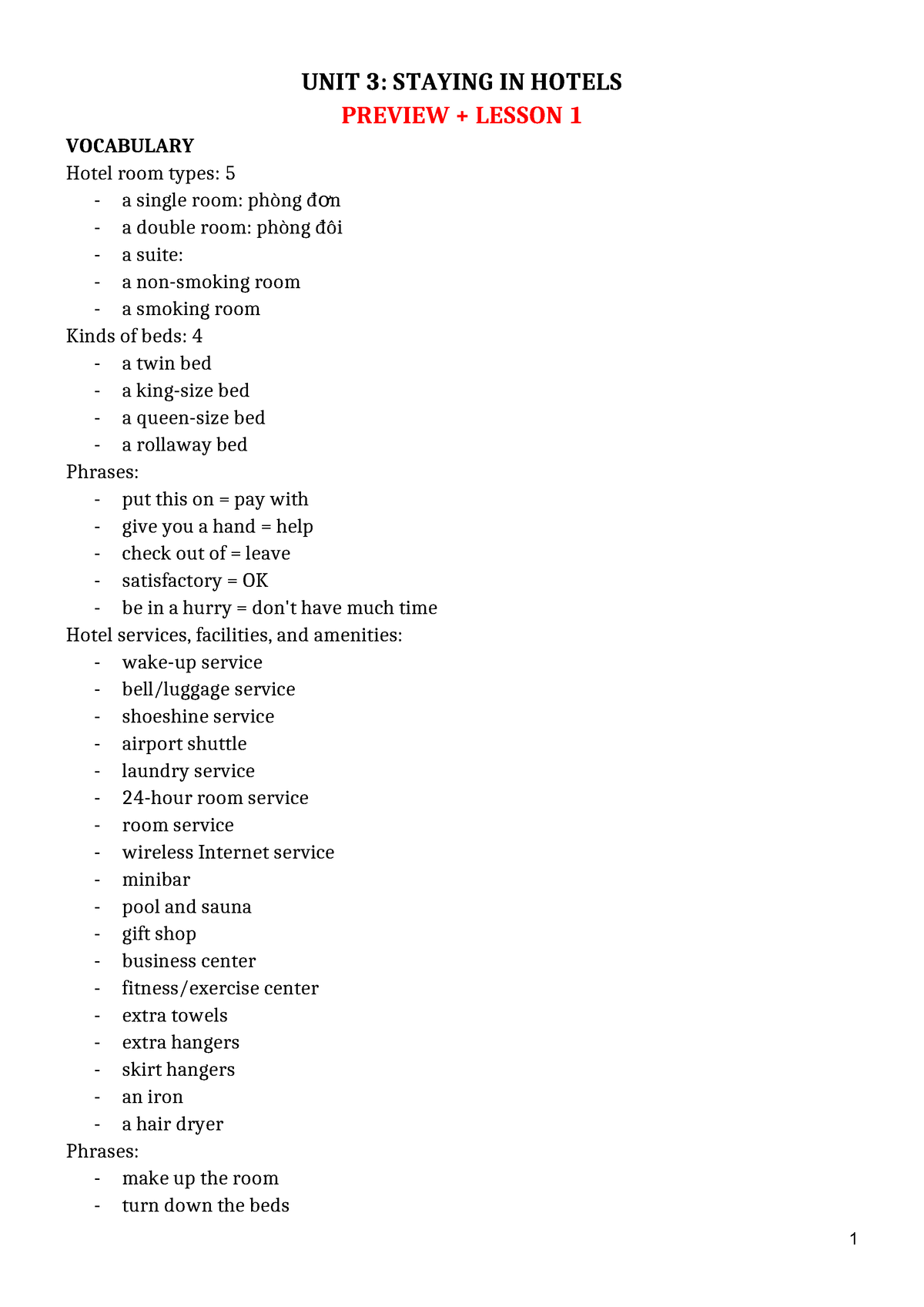 FPT ENT2226 Unit 3 Staying in hotels - UNIT 3: STAYING IN HOTELS ...