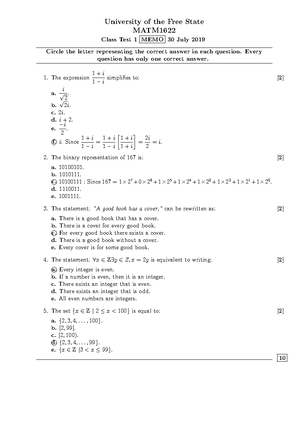 MATM1622 CT3 MEMO 2019 - Class test 3 questions and answers ...