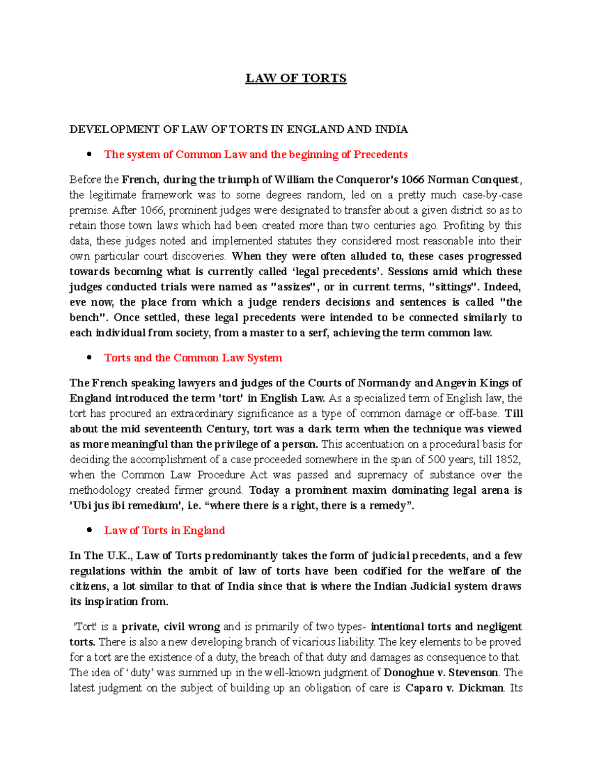 Law of torts (development in England and India) LAW OF TORTS