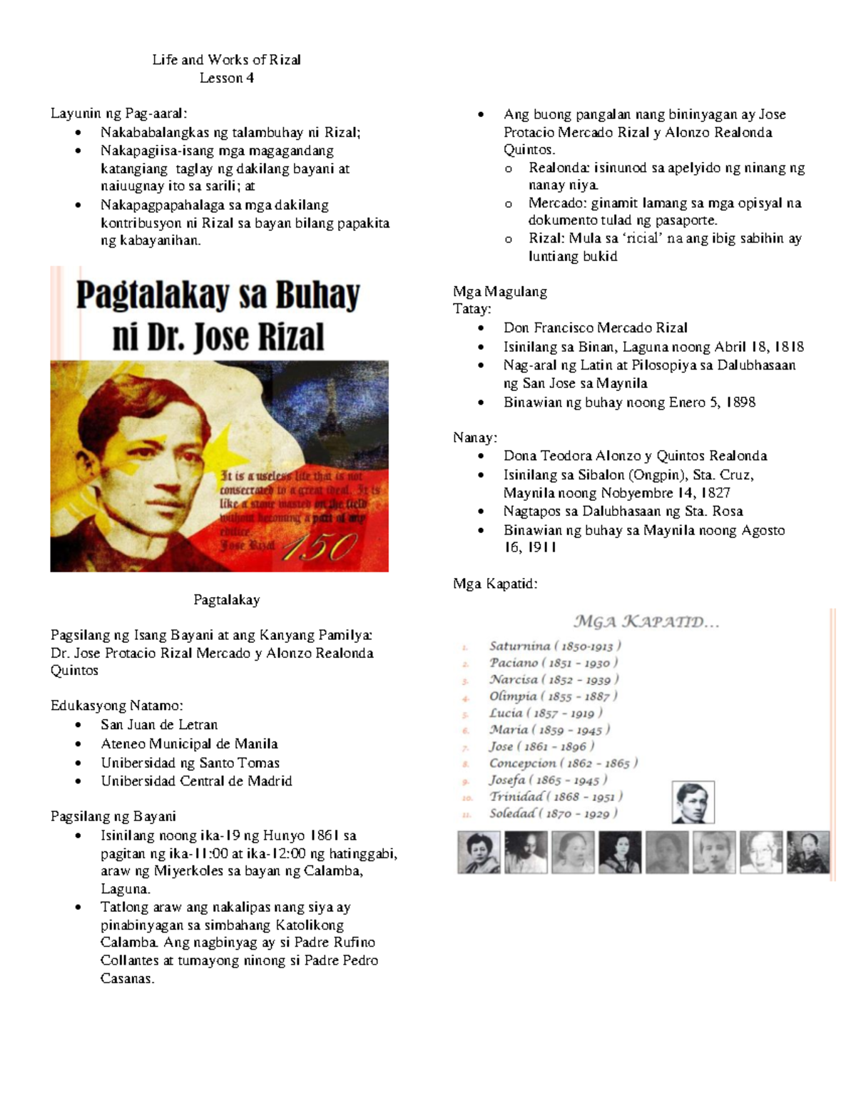 Life and Works of Rizal - Reviewer 04 - BS IN PSYCHOLOGY - Studocu