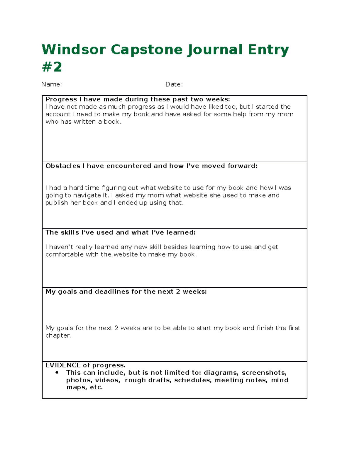 Windsor Capstone Journal Entry 2 Windsor Capstone Journal Entry Name