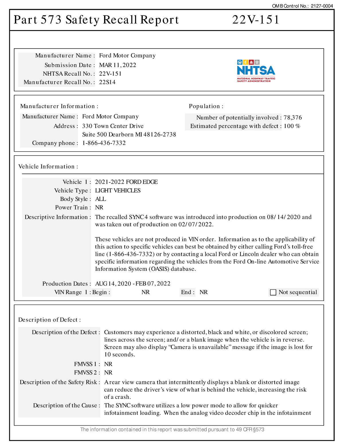 Rclrpt-22V151-1654 - Asasa - OMB Control No.: Part 573 Safety Recall ...