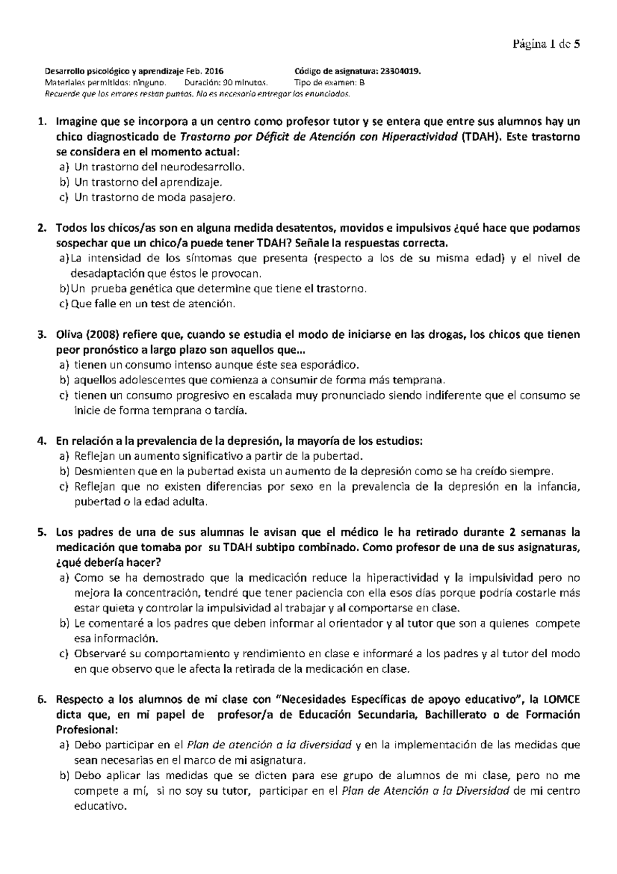 Examen Tipo Test 2016 Febrero Modelo B - Desarrollo Psicológico Y ...