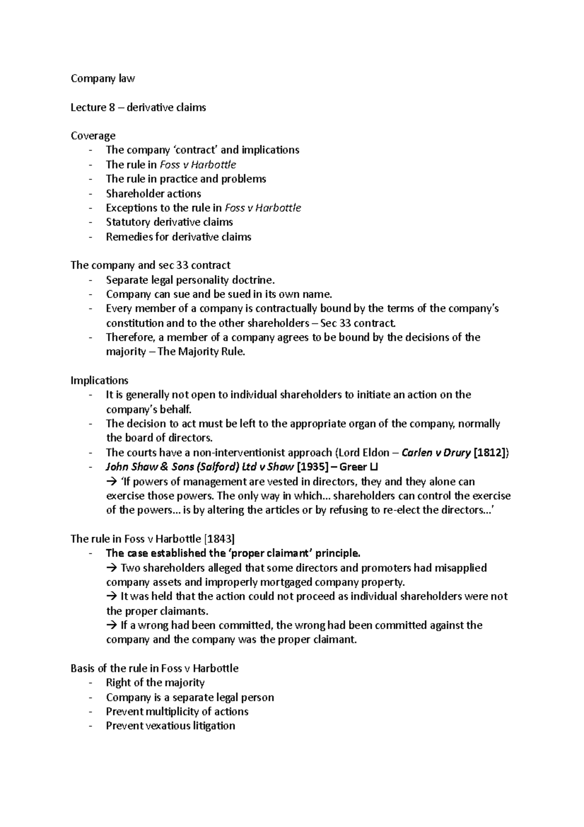 Lecture 8 – derivative claims - Company law Lecture 8 – derivative ...