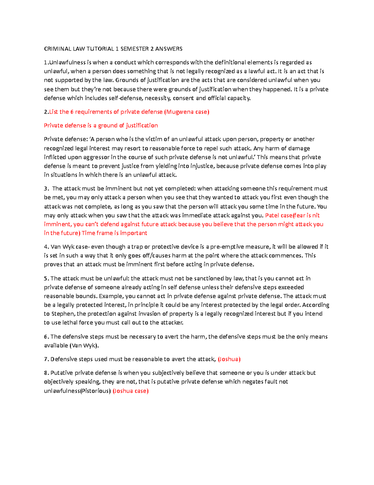 Criminal Law Tutorial 1 Semester 2 Answers Criminal Law Tutorial 1