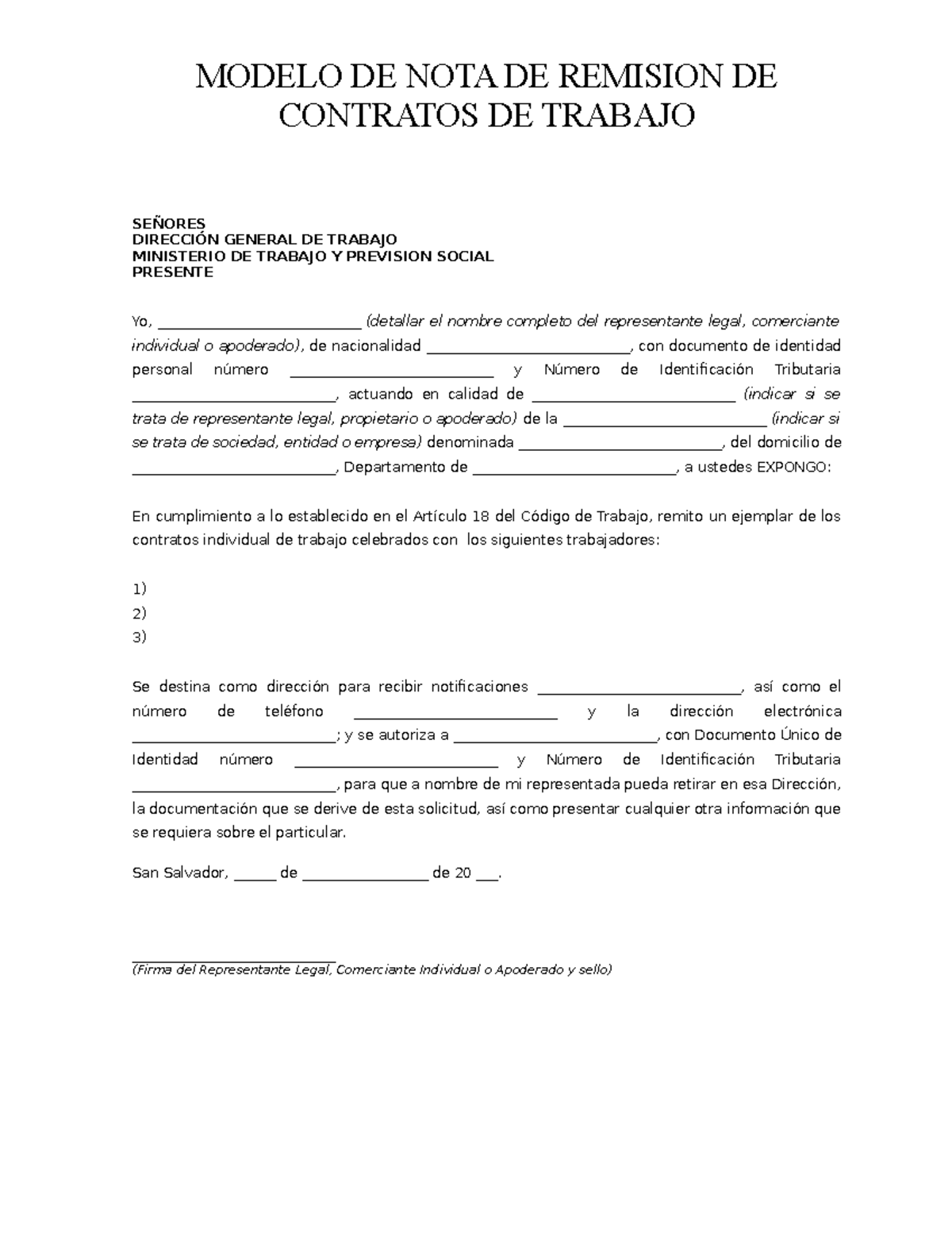 Modelo De Nota De Remisión De Contratos De Trabajo - MODELO DE NOTA DE ...