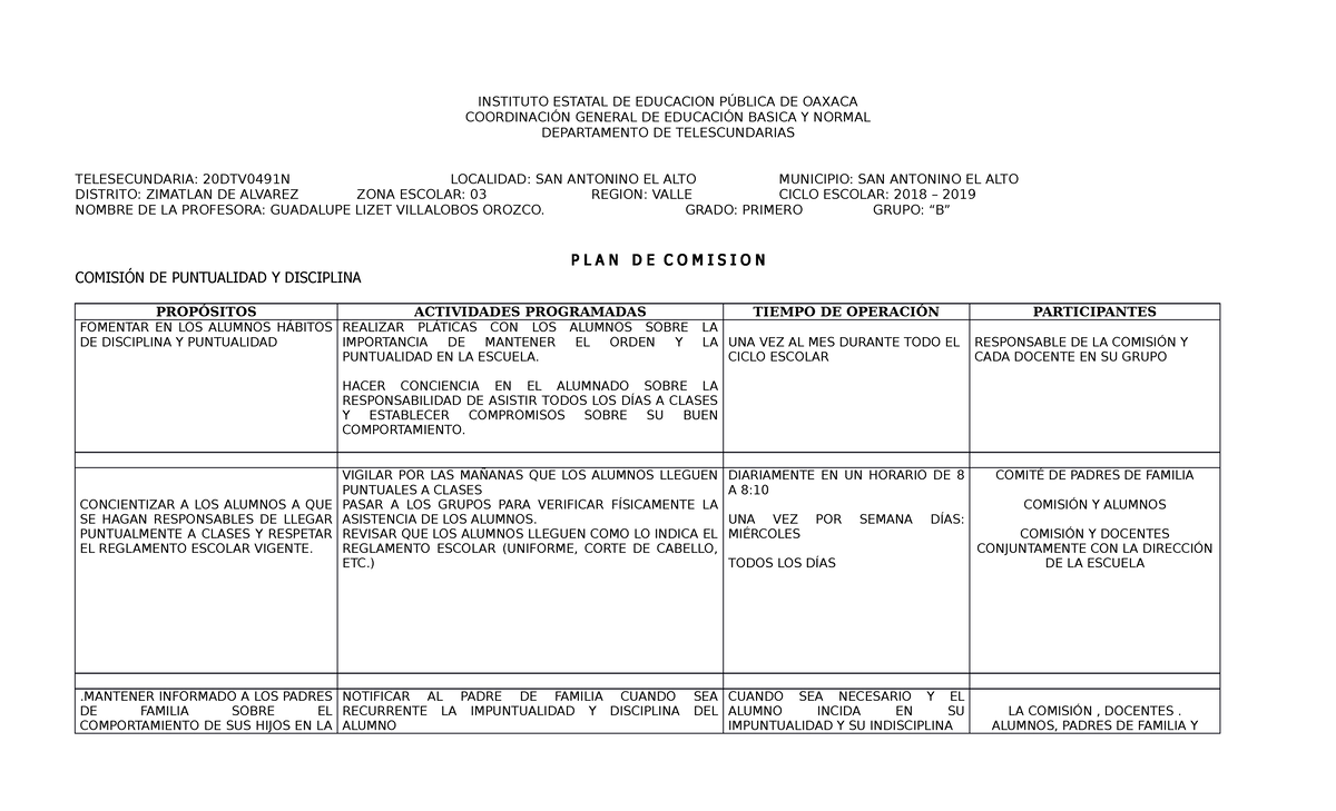 1 PLAN DE Comision Disciplina Y Puntualidad - INSTITUTO ESTATAL DE