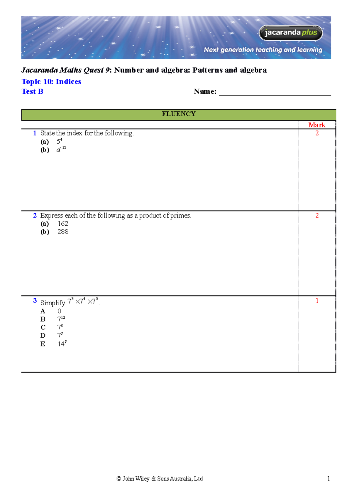 Test B Index Laws - G Hjkl;,.'/ - Jacaranda Maths Quest 9: Number And ...